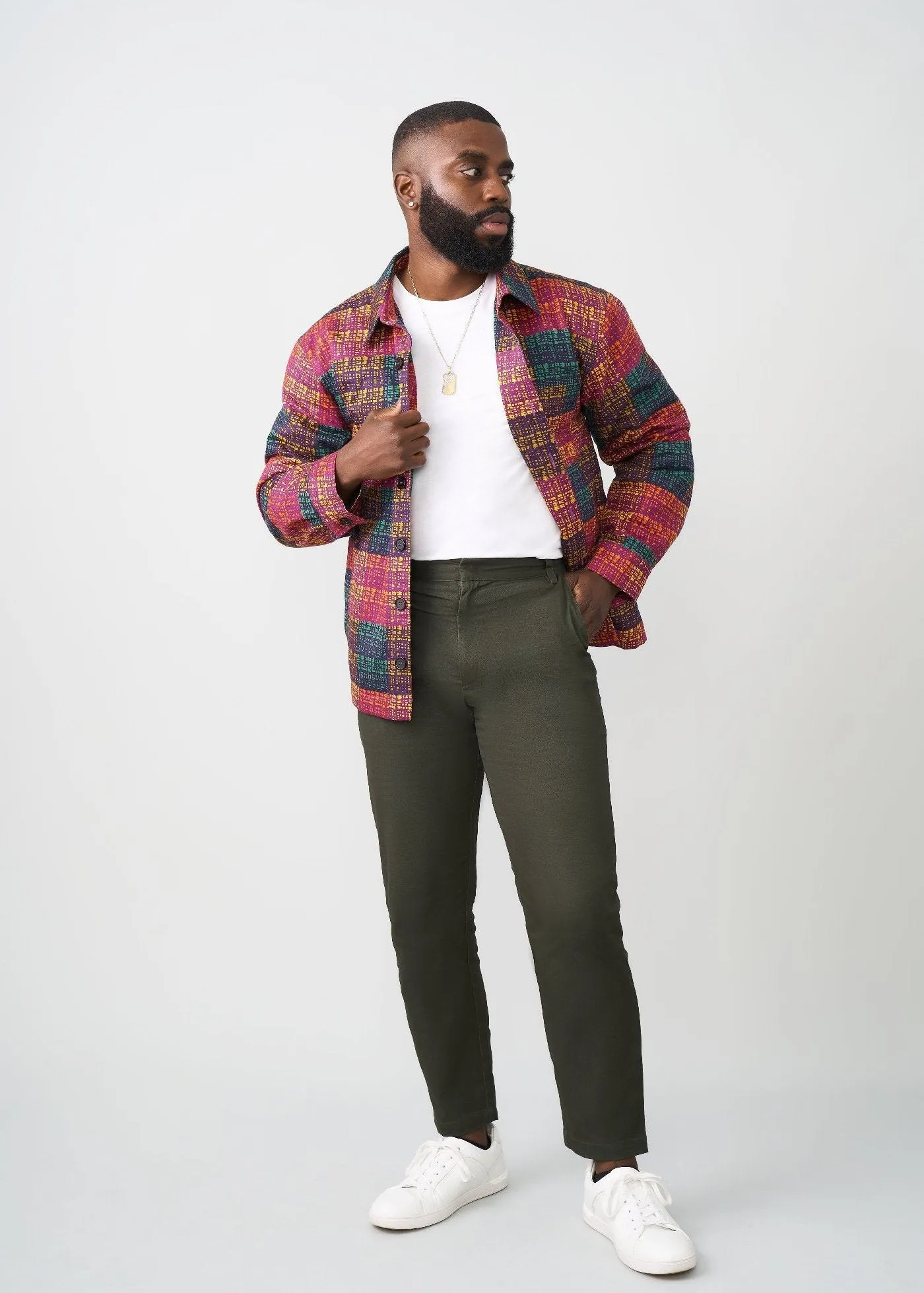 Obike Men's African Print Shirt Jacket  (Harvest Plaid Adire)