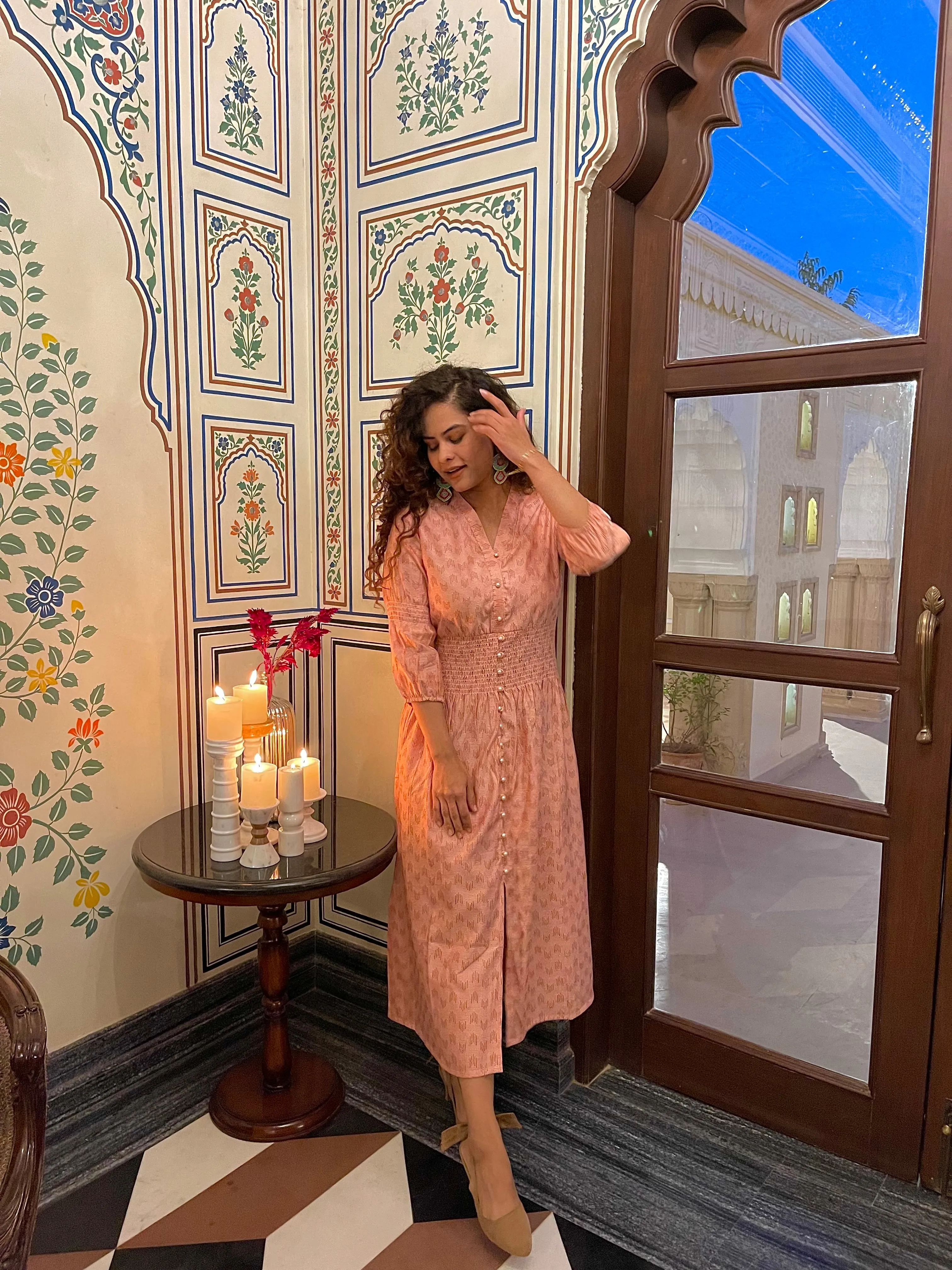 Peach Handloom Cotton Long Midi Dress