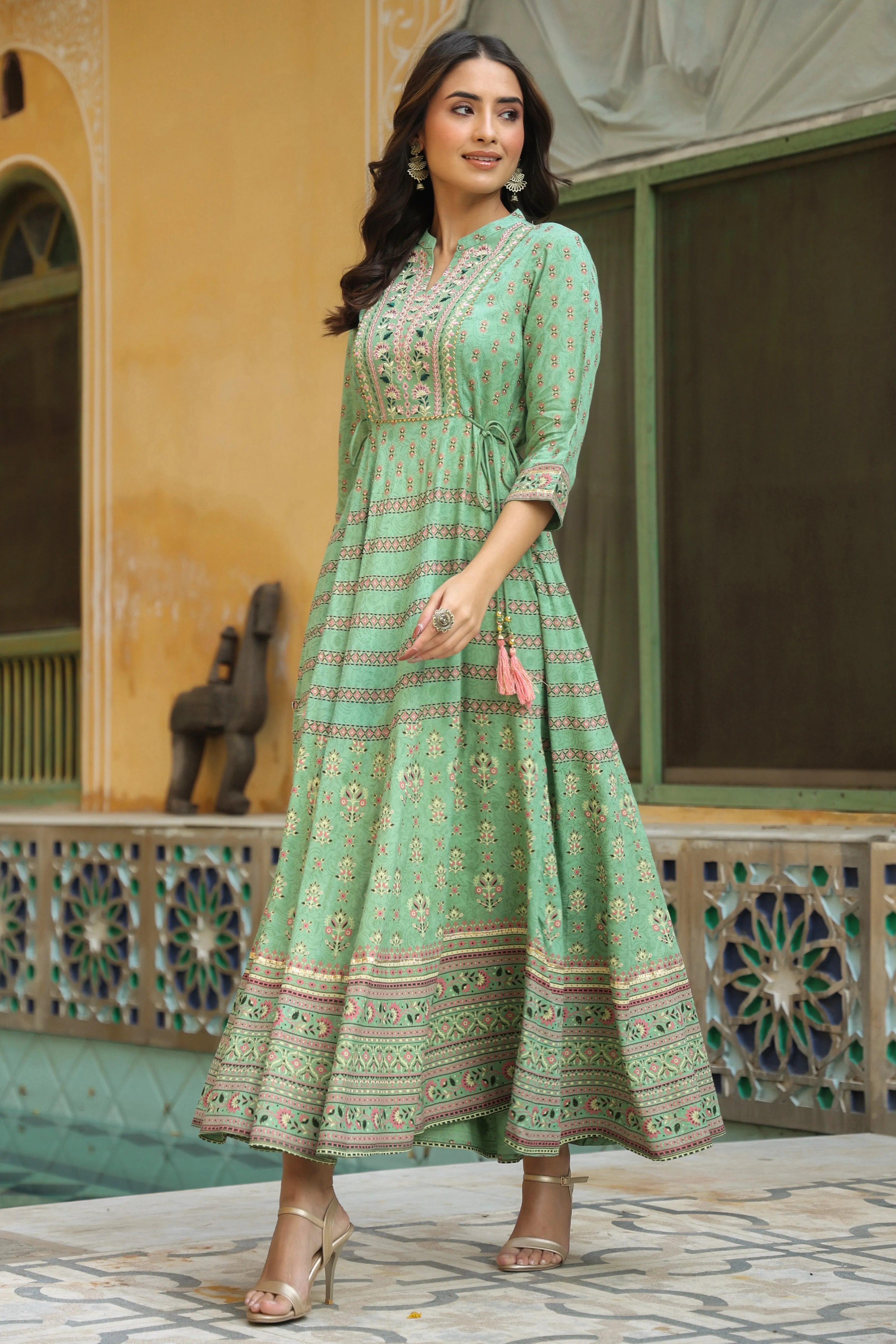 Pista Green Rayon Embroidered Flared Maxi Dress