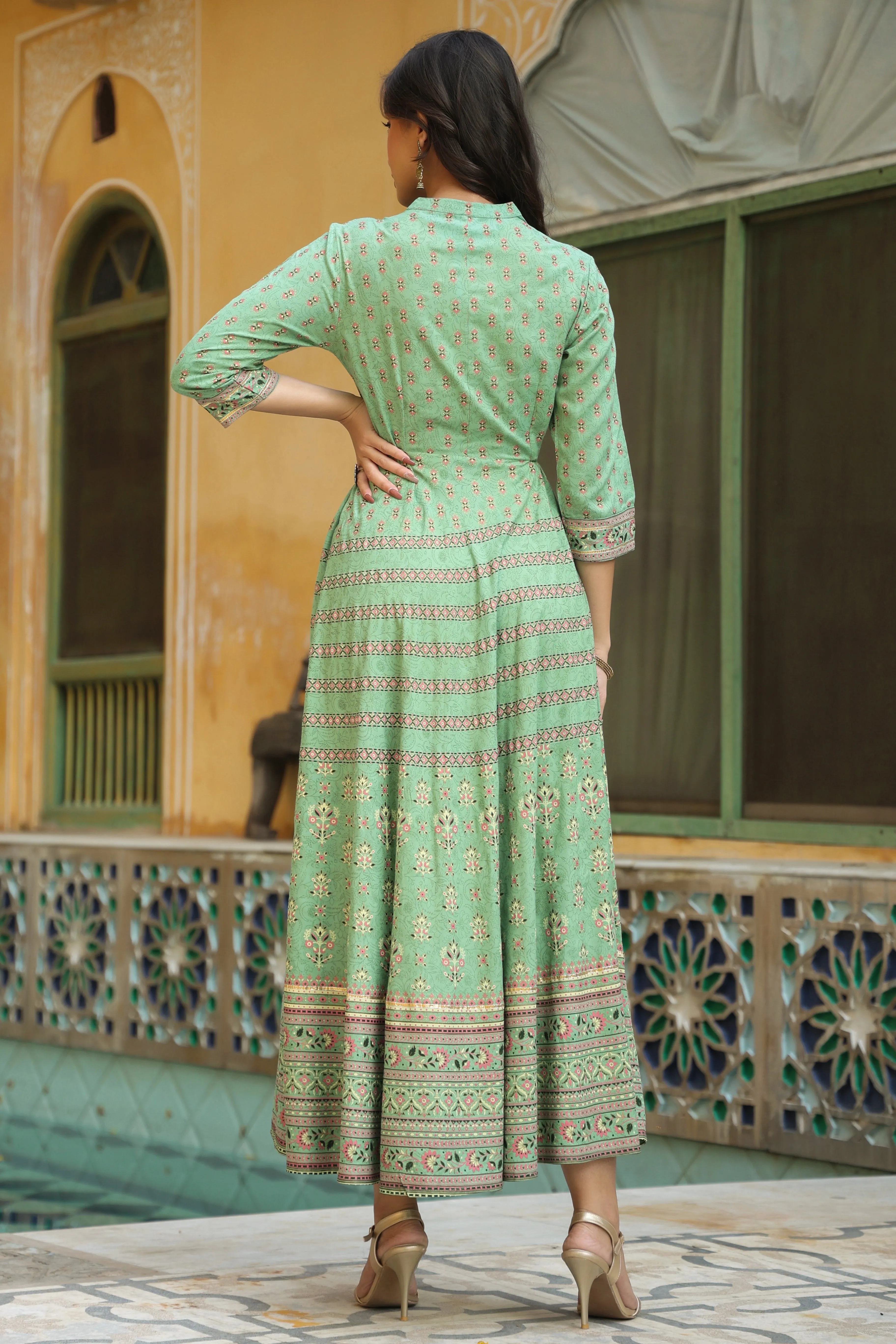 Pista Green Rayon Embroidered Flared Maxi Dress