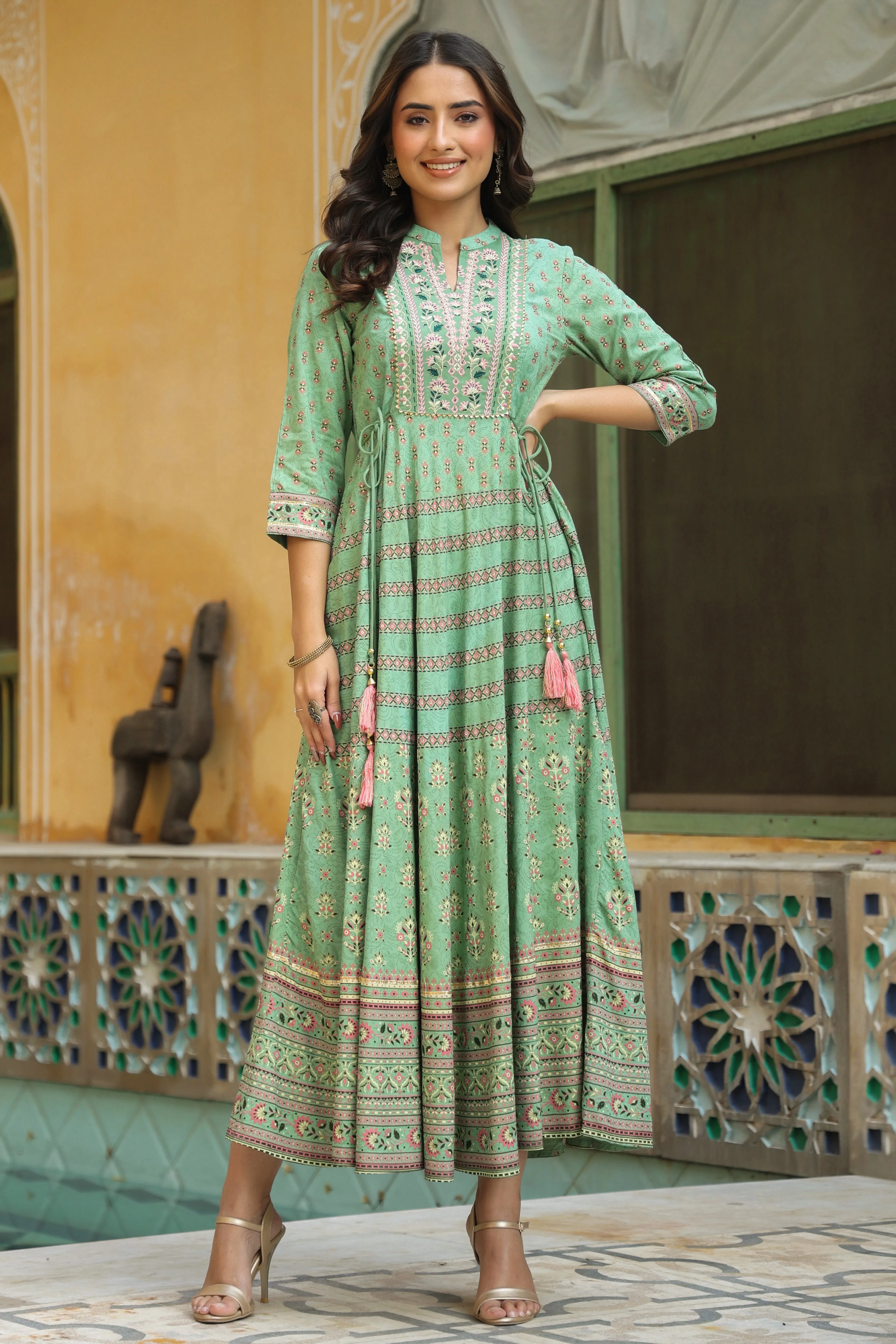 Pista Green Rayon Embroidered Flared Maxi Dress