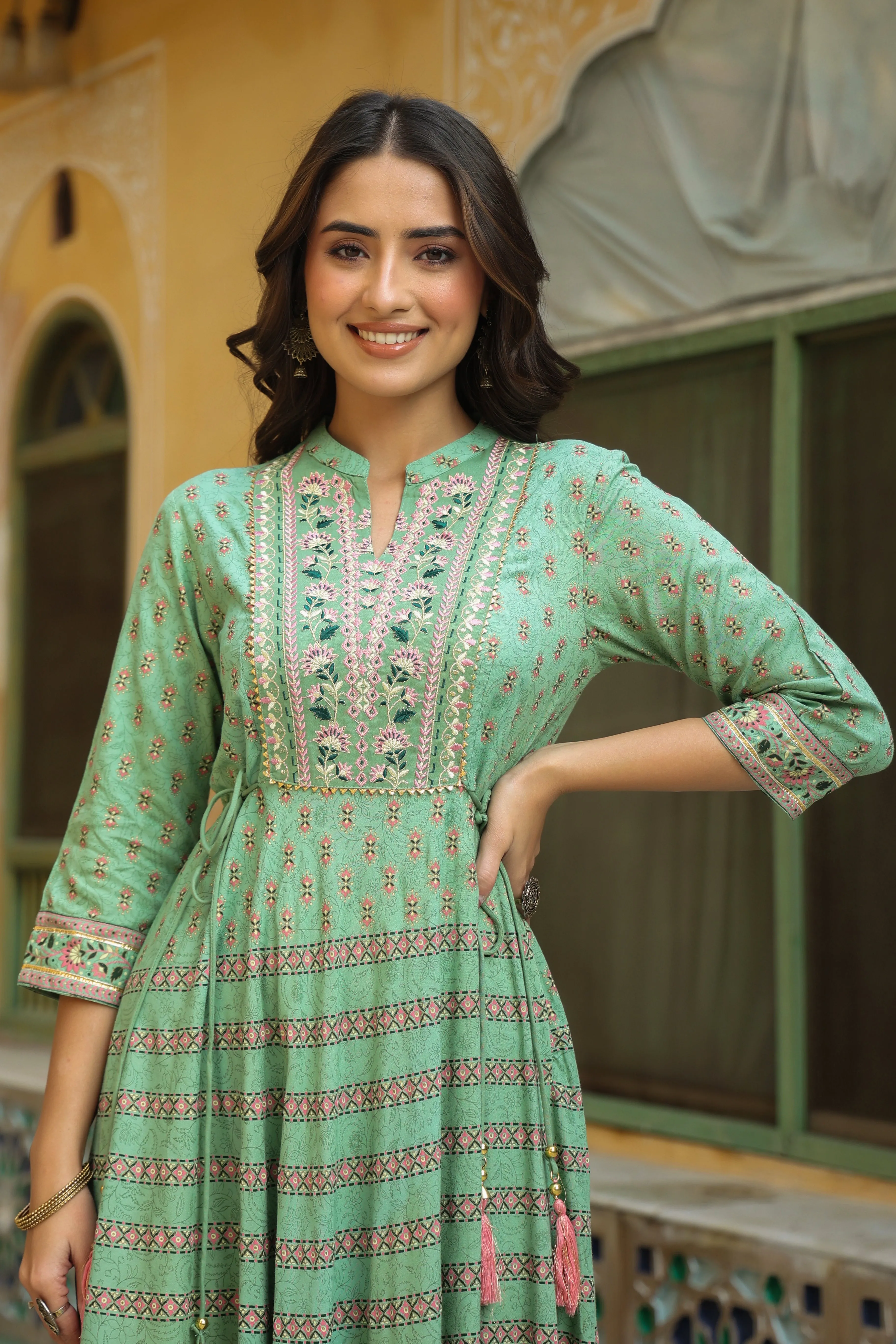 Pista Green Rayon Embroidered Flared Maxi Dress
