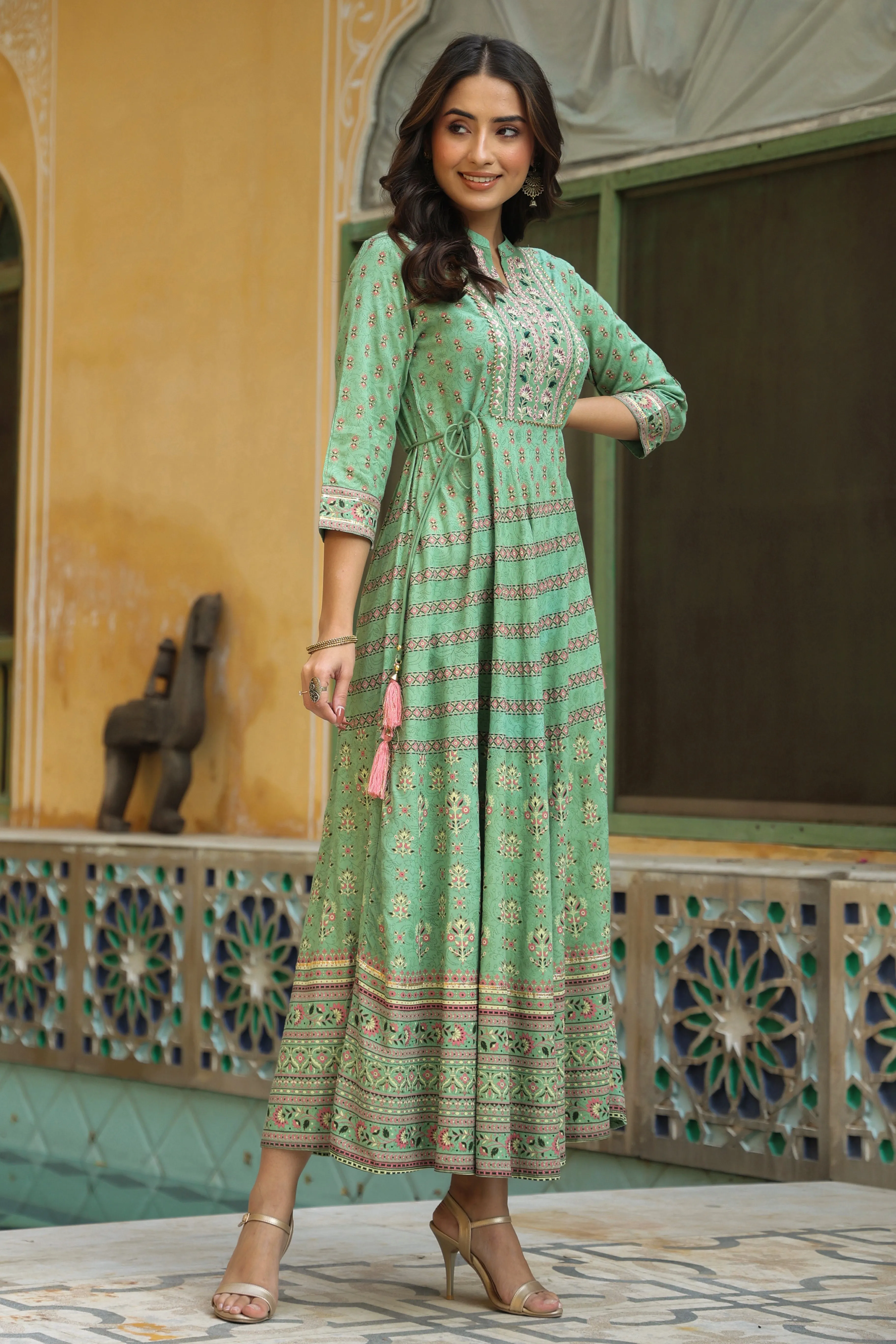 Pista Green Rayon Embroidered Flared Maxi Dress