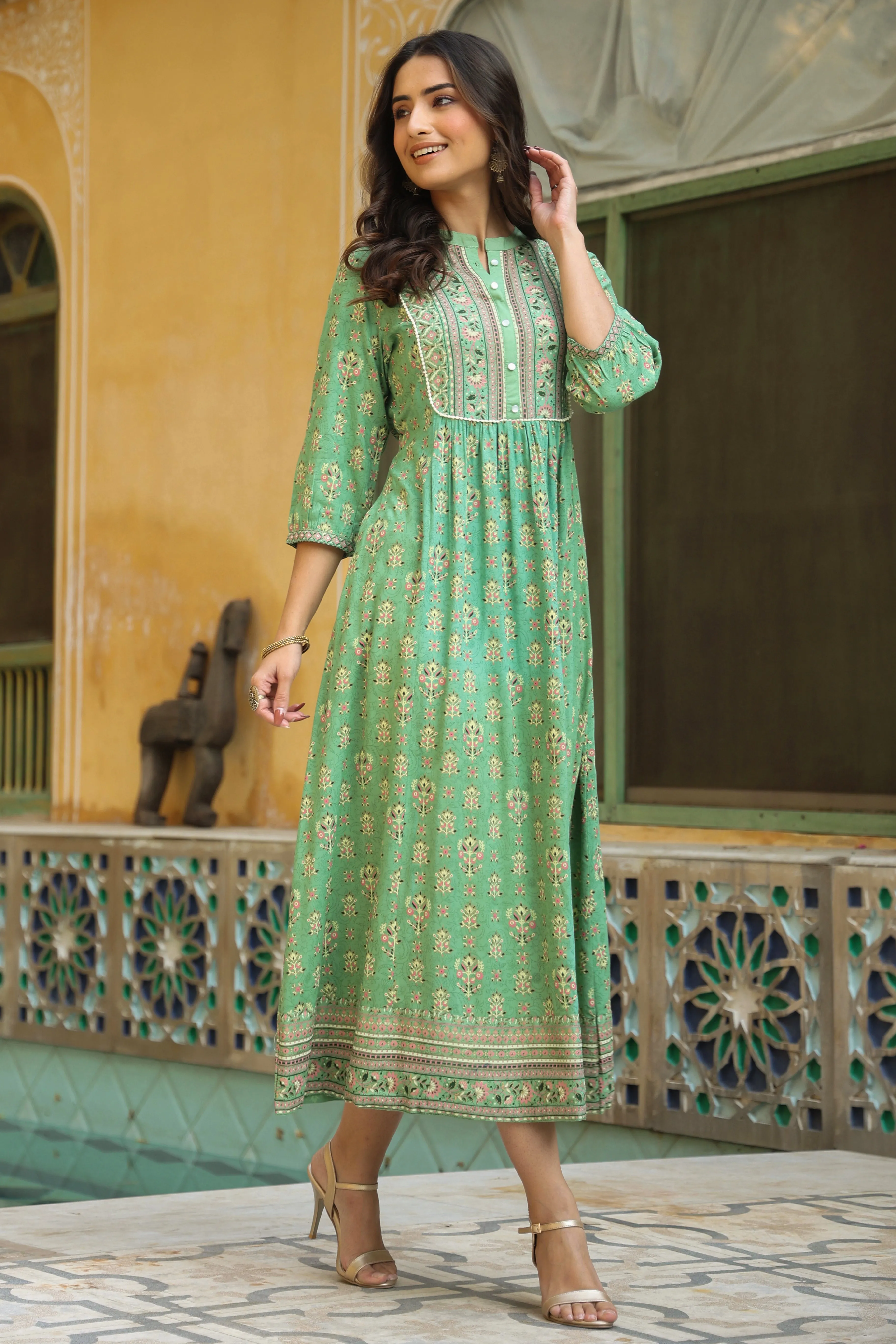 Pista Green Rayon Printed A-Line Maxi Dress