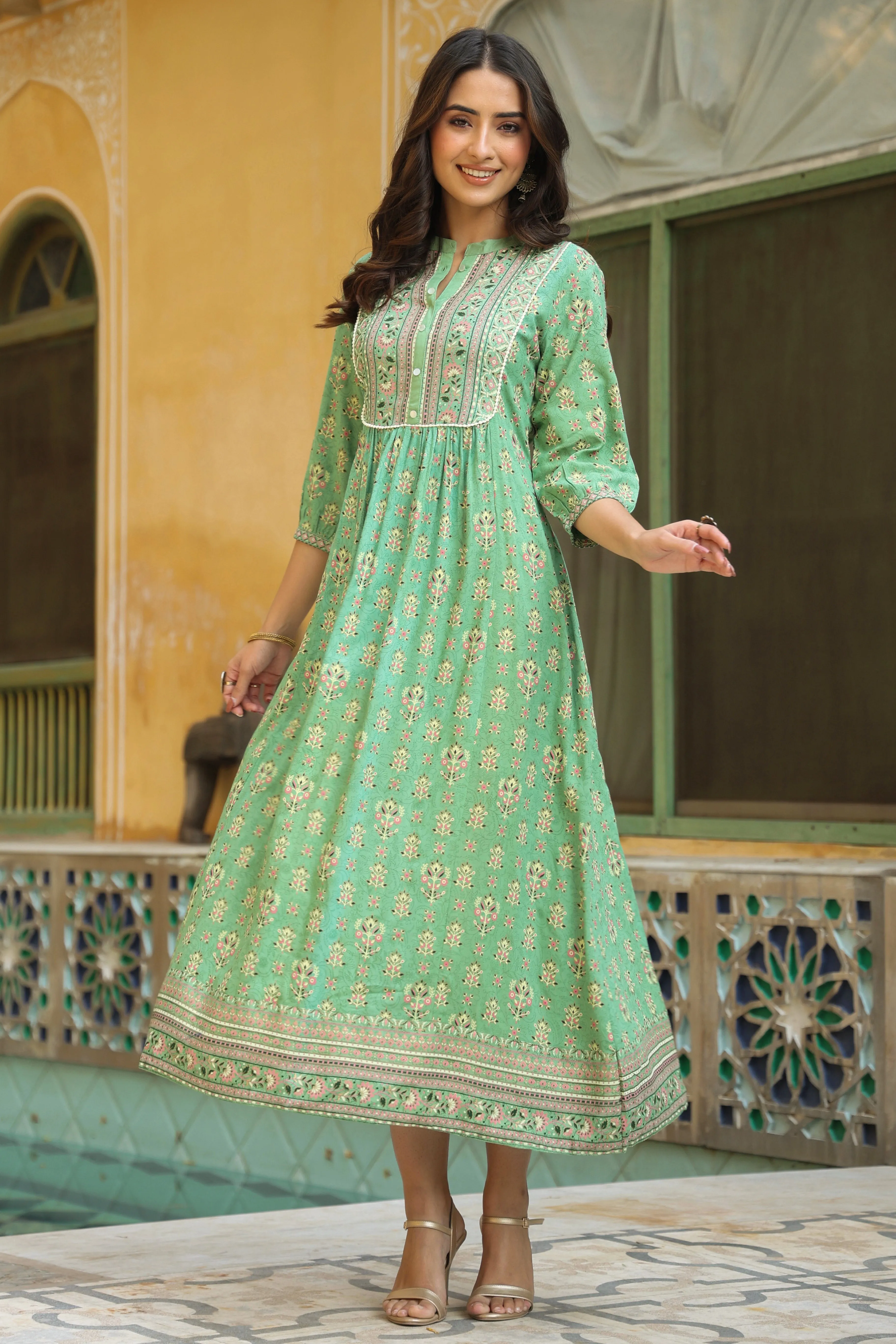 Pista Green Rayon Printed A-Line Maxi Dress