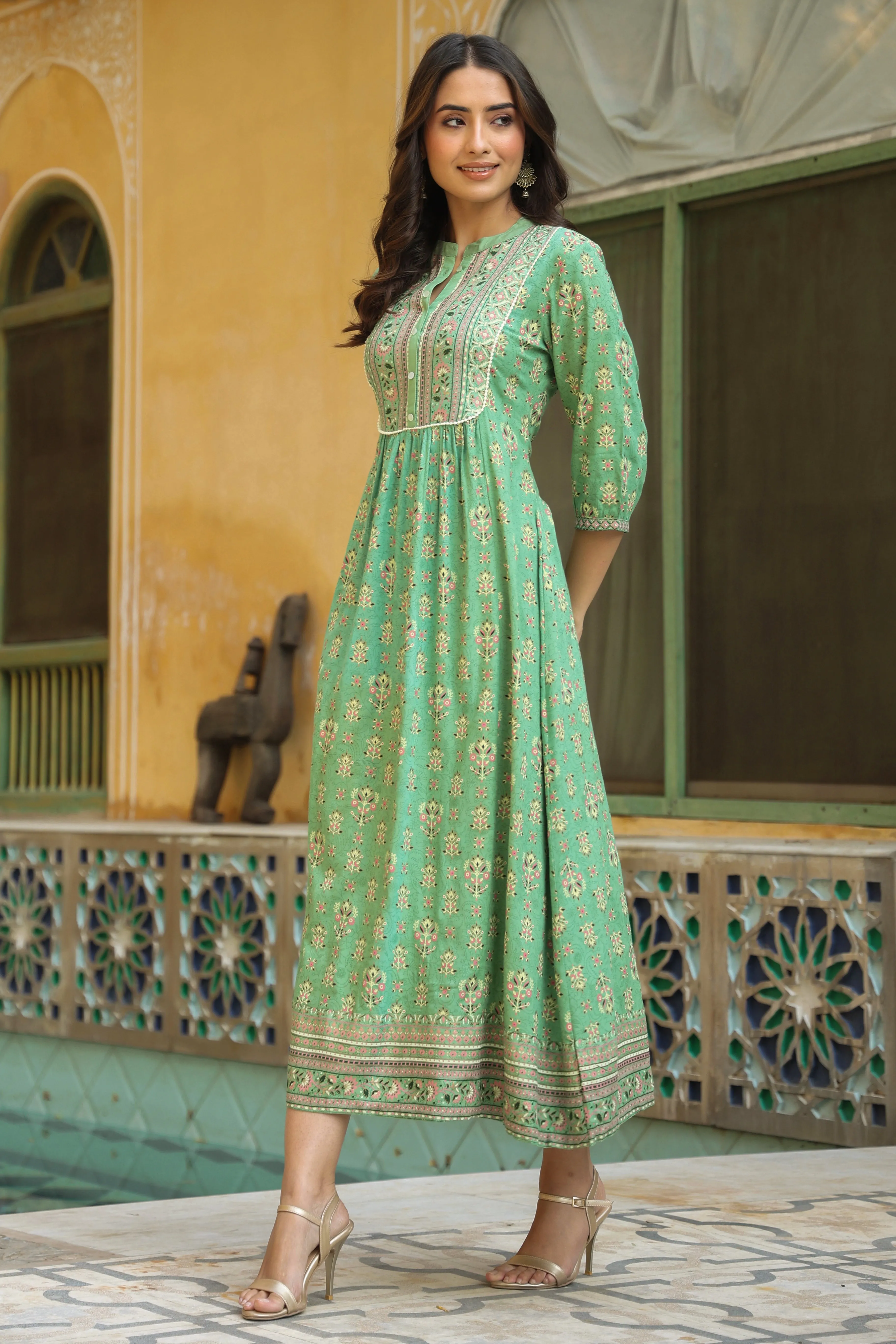 Pista Green Rayon Printed A-Line Maxi Dress