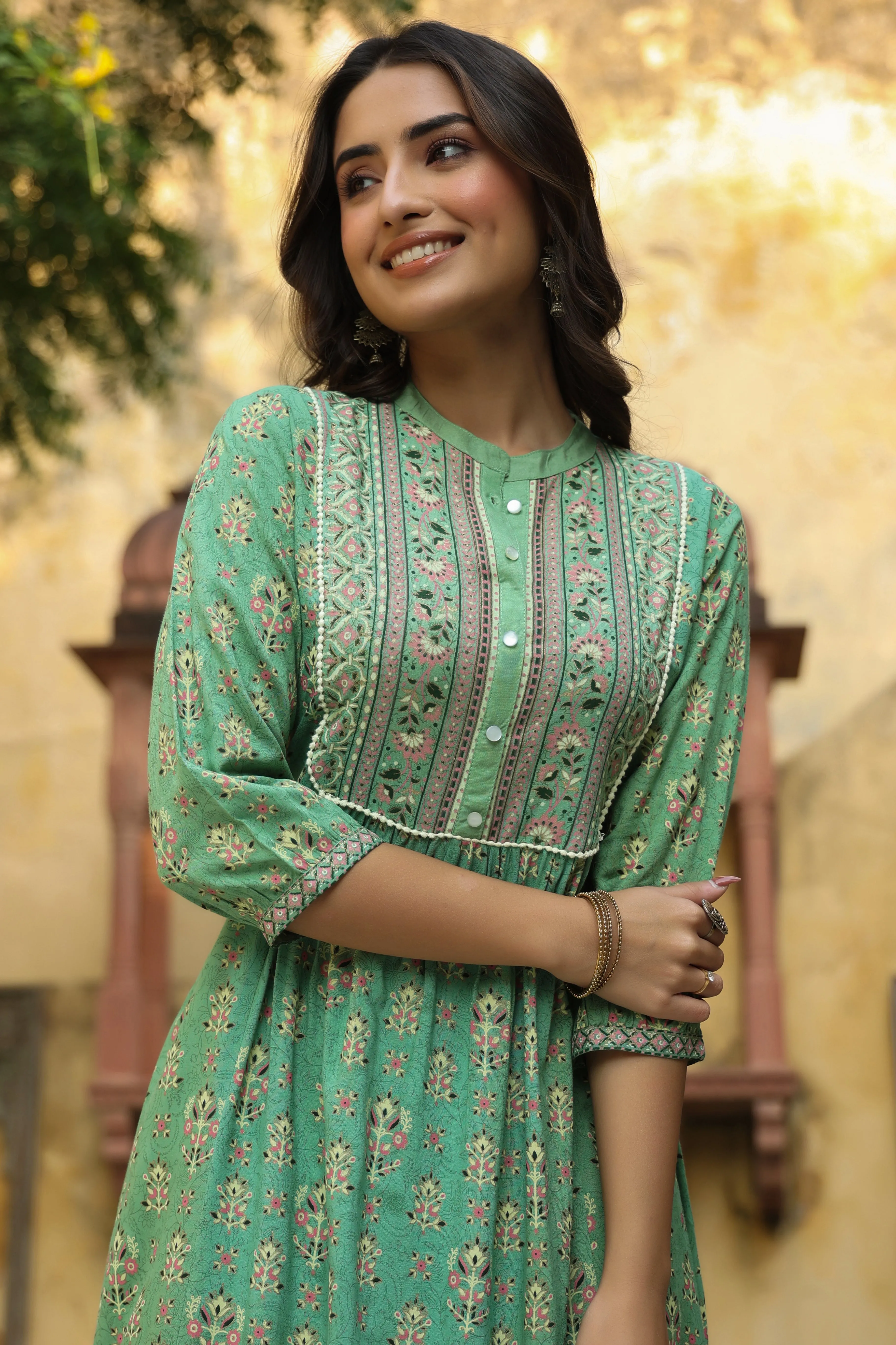 Pista Green Rayon Printed A-Line Maxi Dress