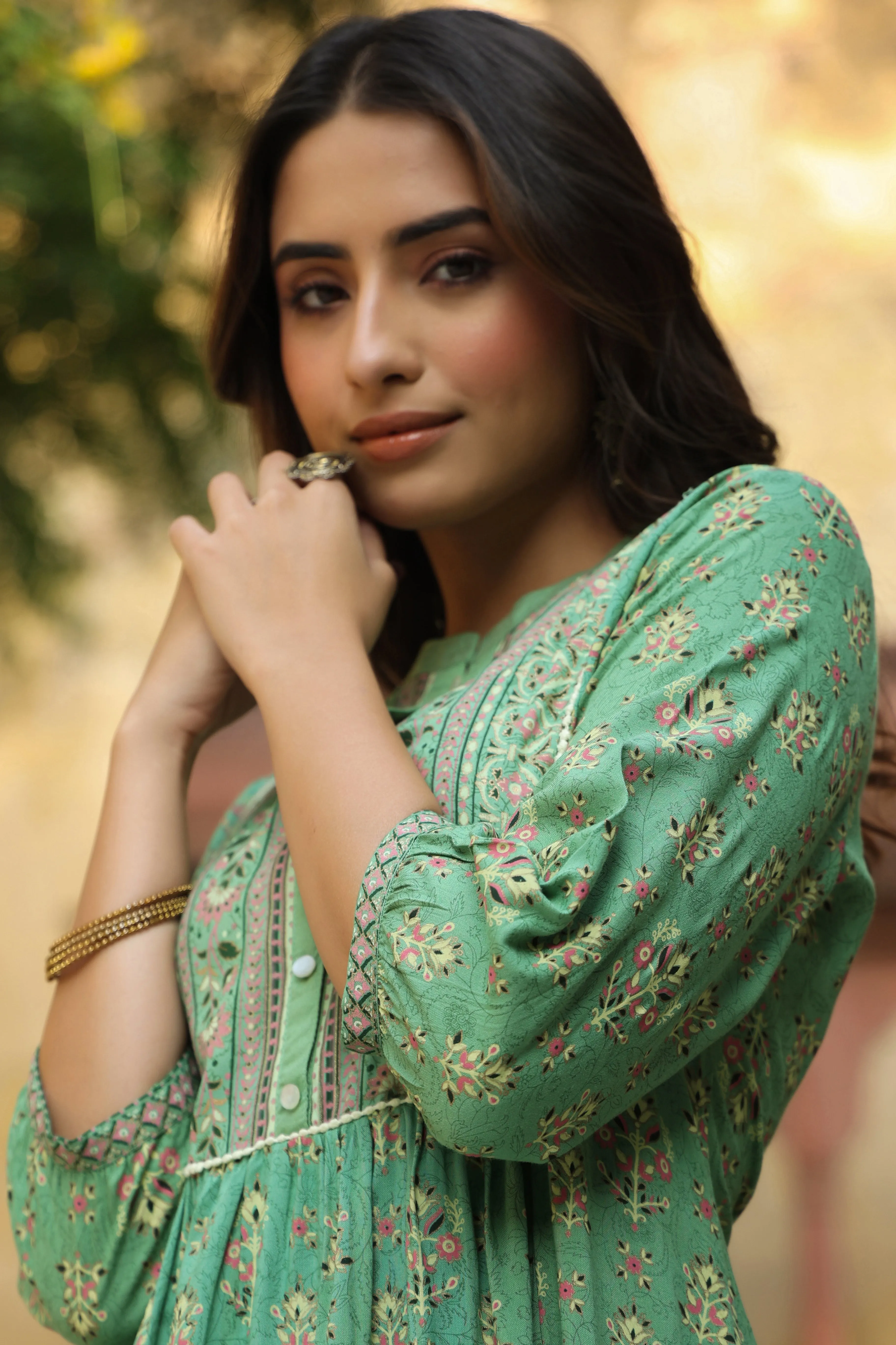 Pista Green Rayon Printed A-Line Maxi Dress
