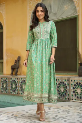 Pista Green Rayon Printed A-Line Maxi Dress