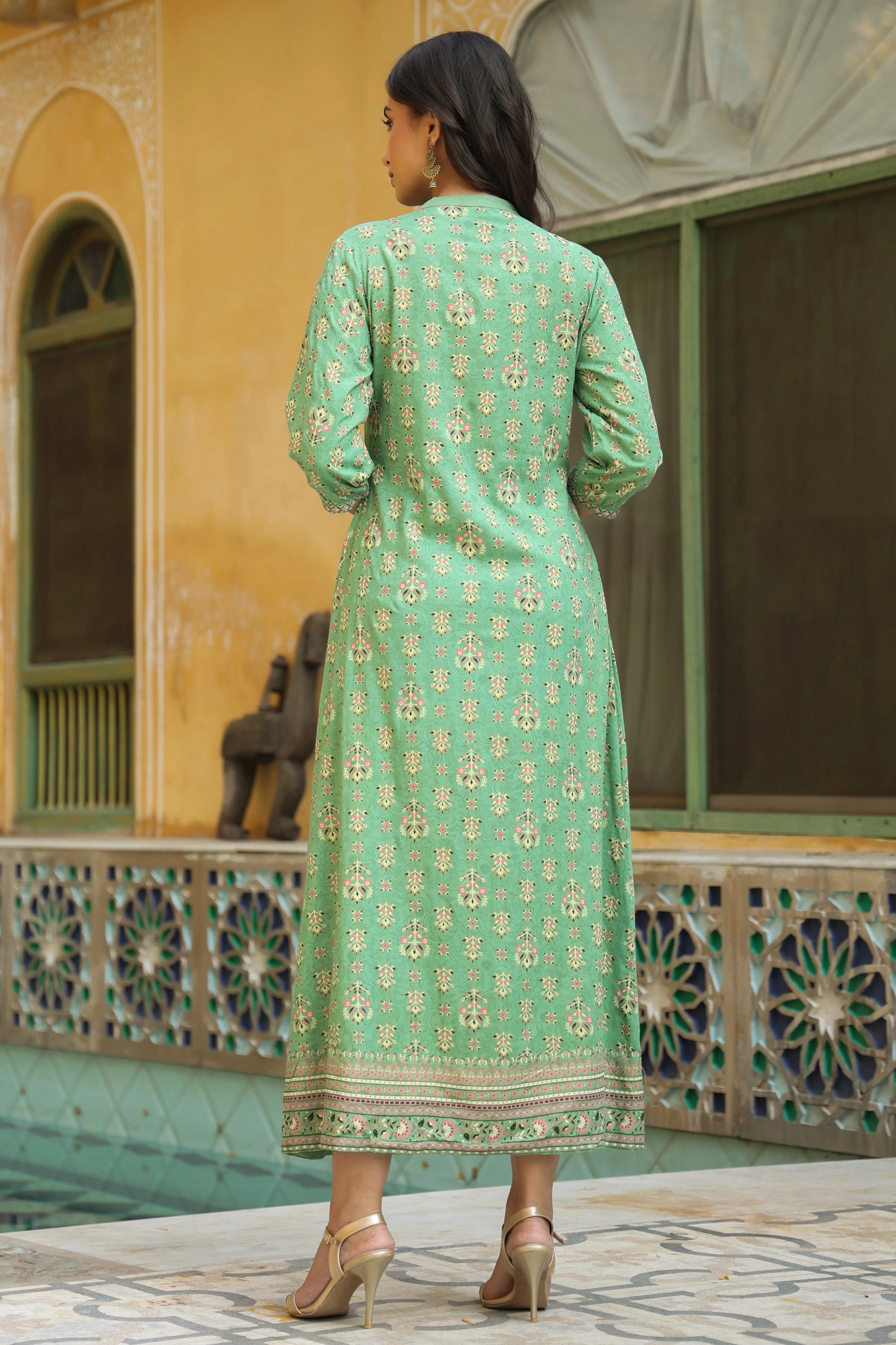 Pista Green Rayon Printed A-Line Maxi Dress