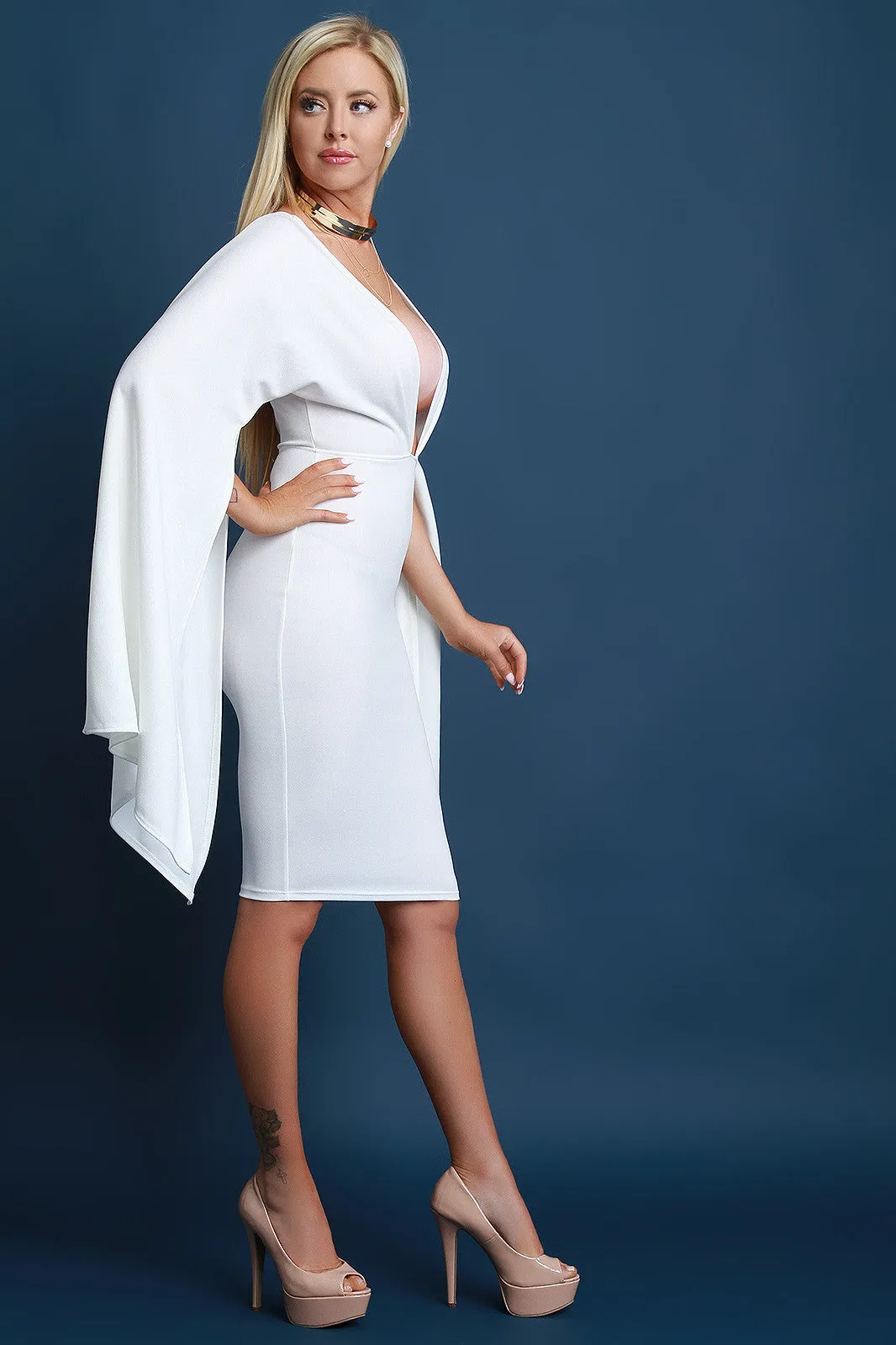 Plunging Neck Open Cape Sleeve Midi Dress