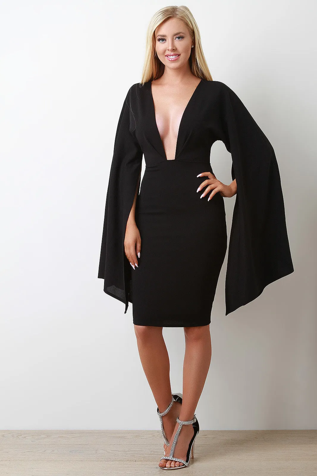 Plunging Neck Open Cape Sleeve Midi Dress