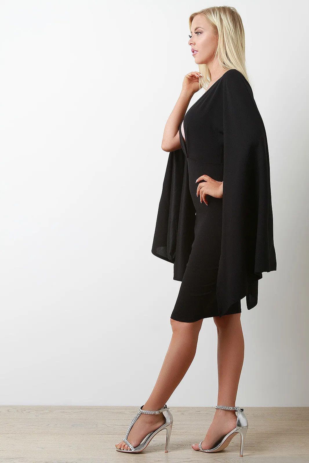 Plunging Neck Open Cape Sleeve Midi Dress