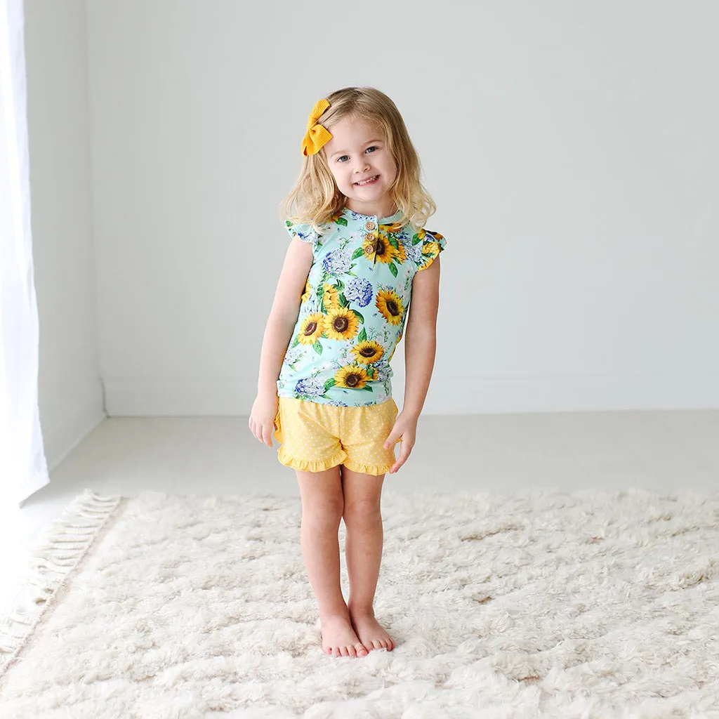 Posh Peanut Sunny Henley Ruffled Capsleeve T-Shirt & Varsity Short