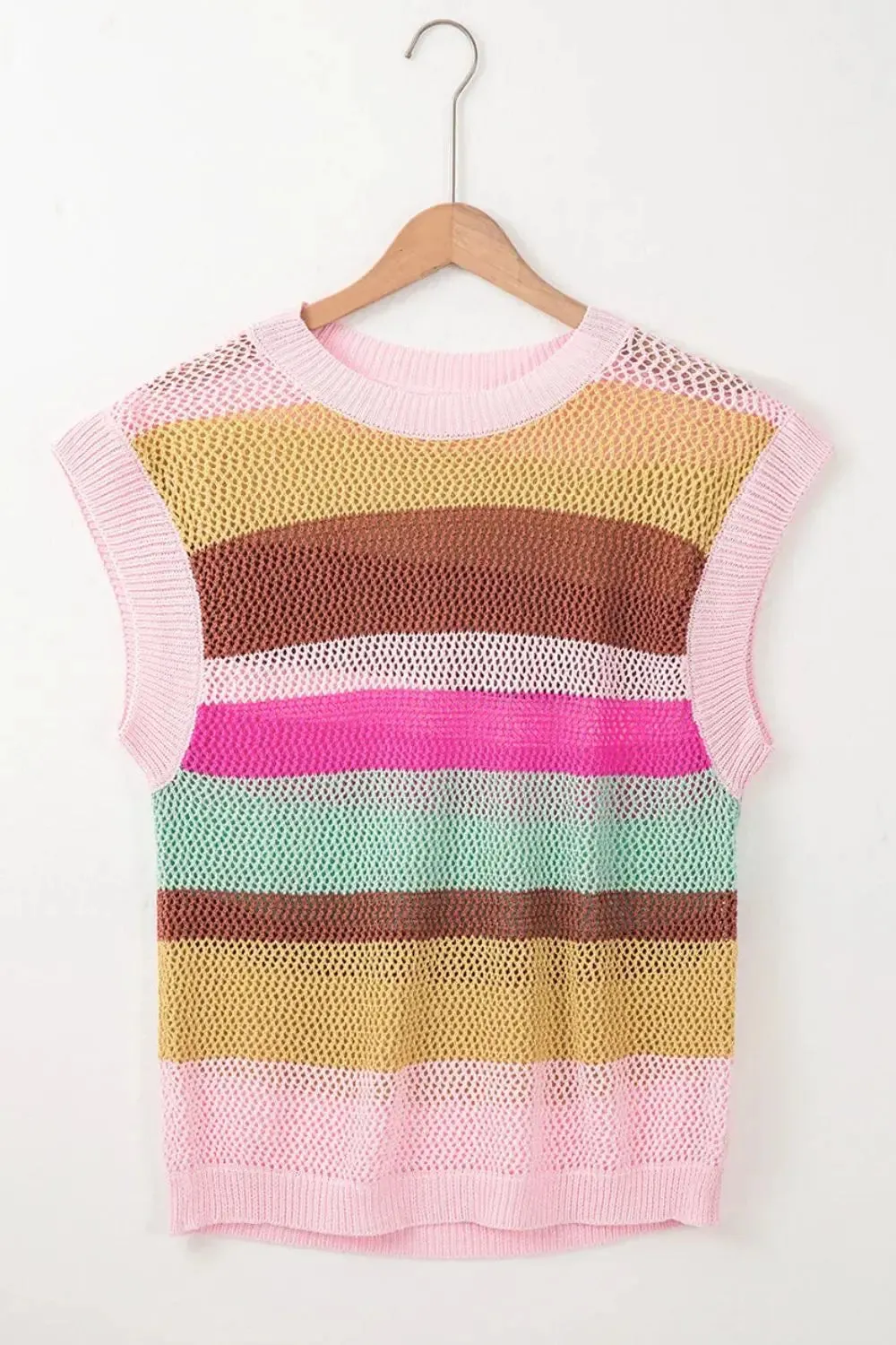 Round Neck Cap Sleeve Color Block Knit Top