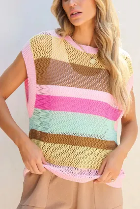 Round Neck Cap Sleeve Color Block Knit Top