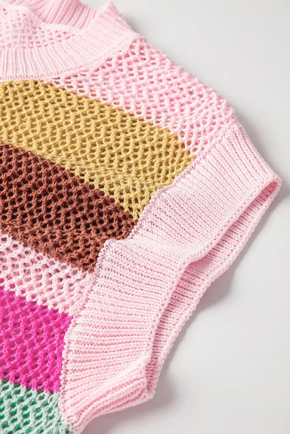 Round Neck Cap Sleeve Color Block Knit Top