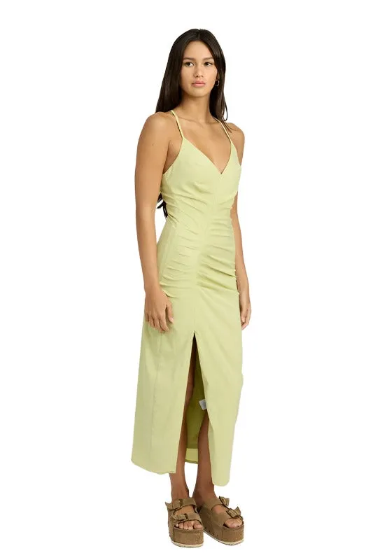 RUCHED SATIN DRESS WITH CROSSED BACK
