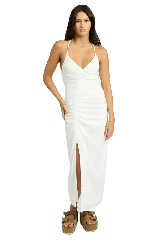 RUCHED SATIN DRESS WITH CROSSED BACK