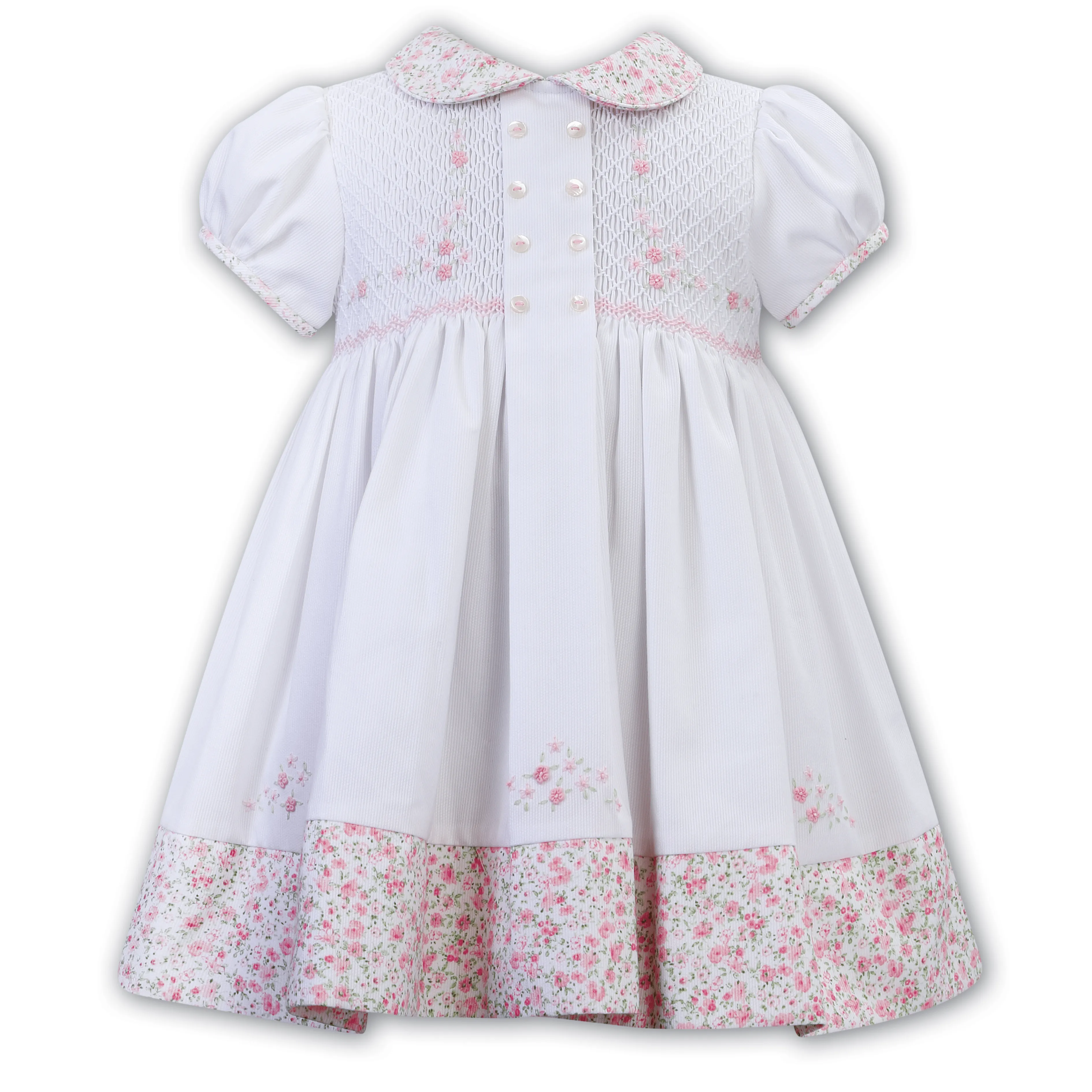 SARAH LOUISE - Peter Pan Collar Embroidered Button Floral Smock Dress - Pink