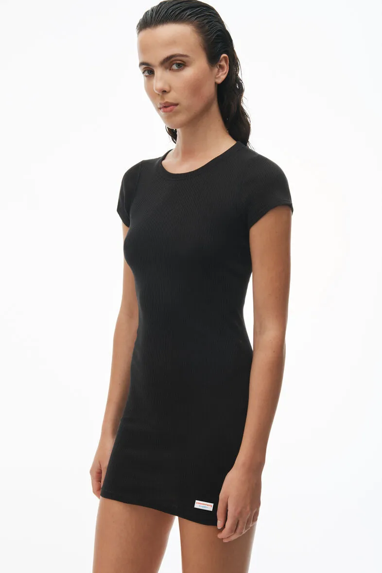 Short Sleeve Crewneck Dress In Ribbed Cotton