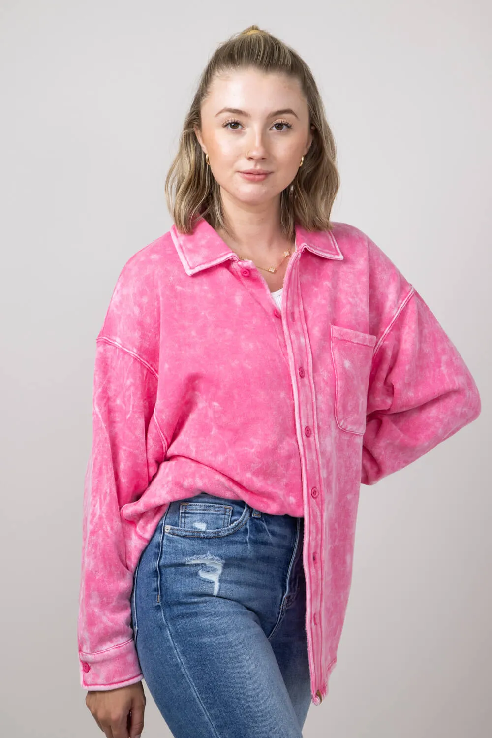 Simply Southern Solid Acid Wash Shacket for Women in Pink | PP-0224-SHKT-ACID-PINK