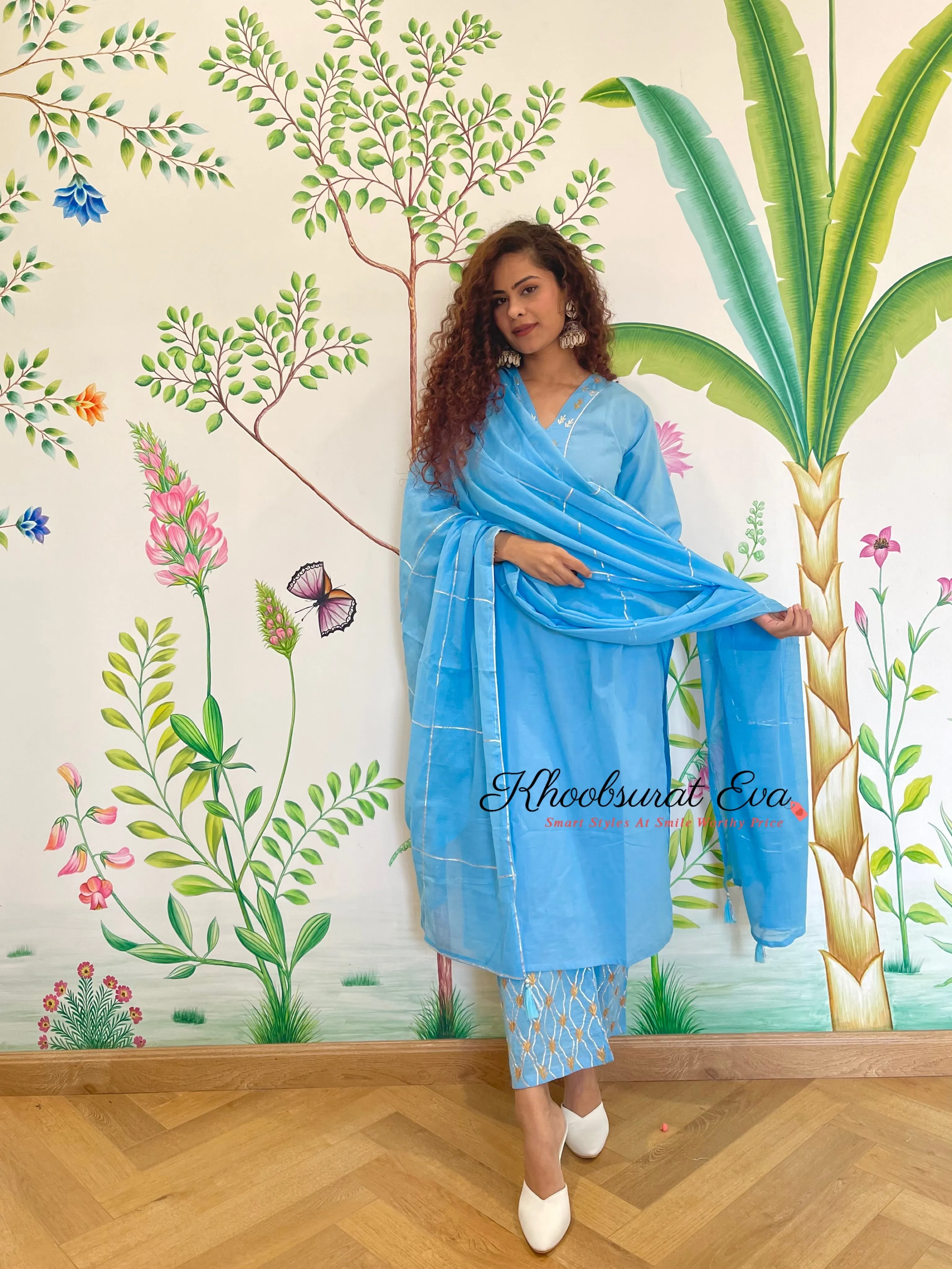 Sky Blue Cotton Gota Kurta with Pants and Dupatta (set of 3)