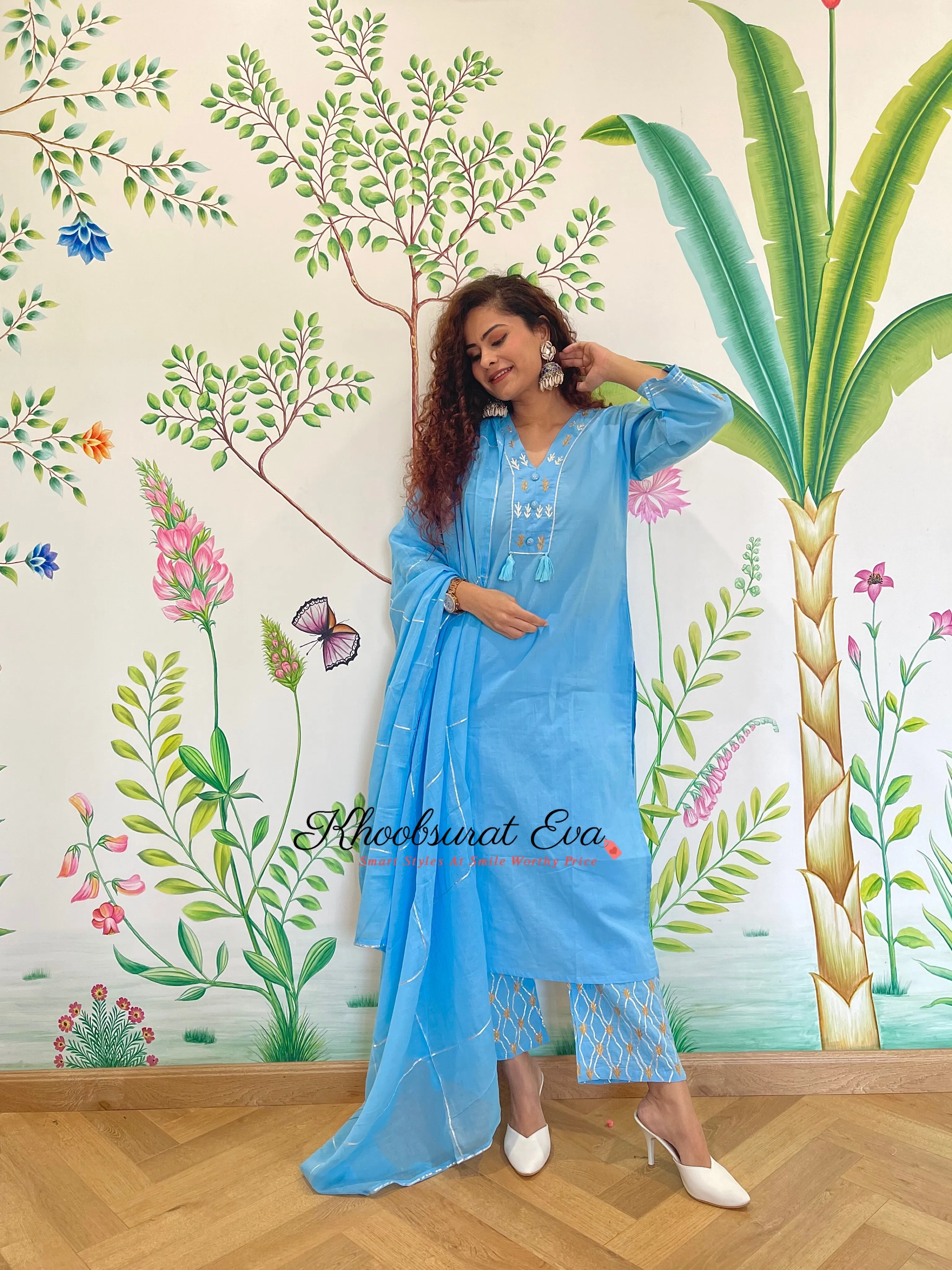 Sky Blue Cotton Gota Kurta with Pants and Dupatta (set of 3)