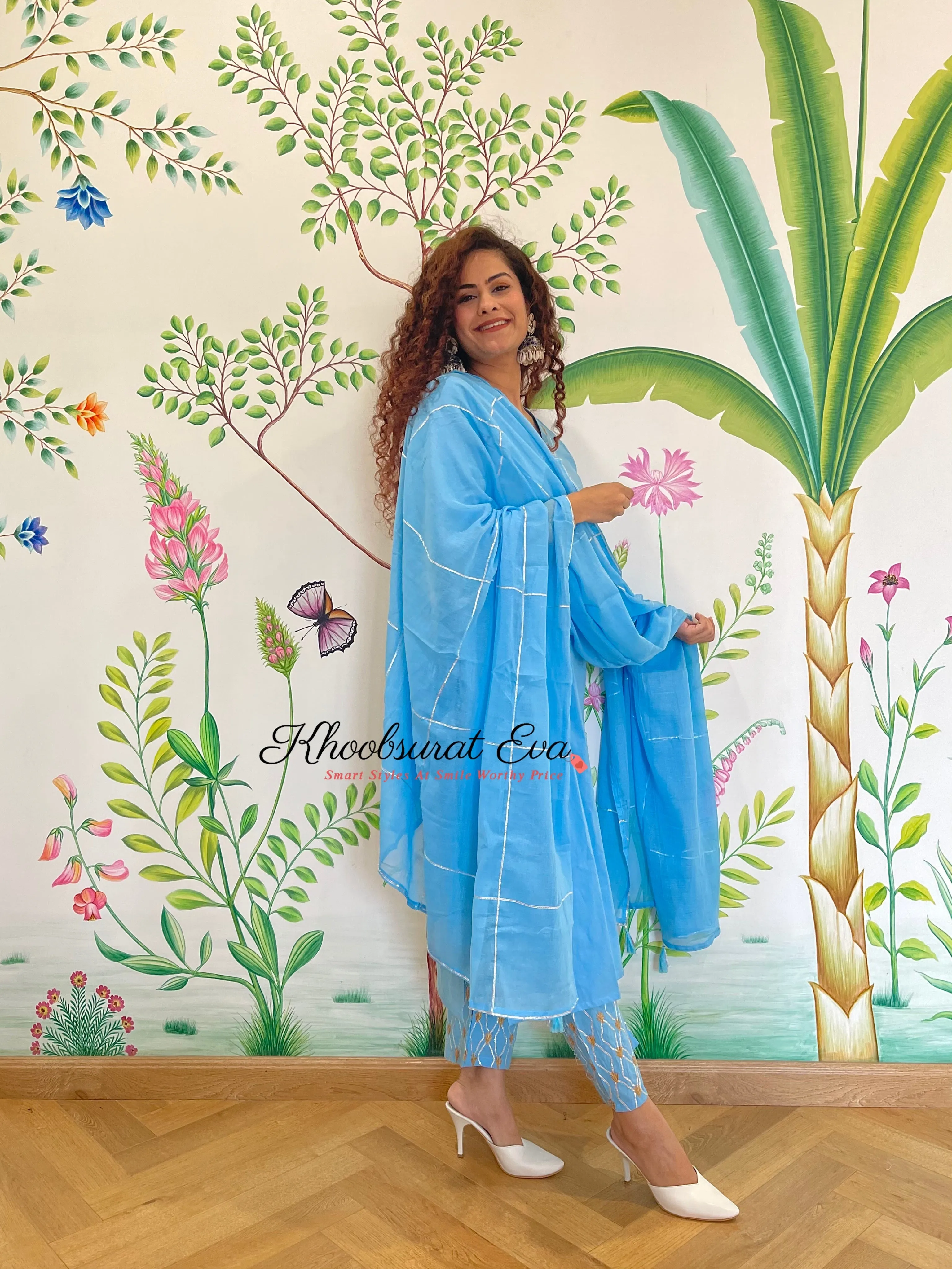 Sky Blue Cotton Gota Kurta with Pants and Dupatta (set of 3)