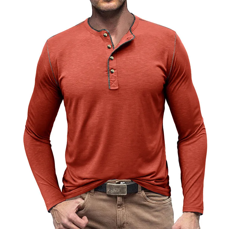SLUB COTTON LONG SLEEVE CONTRAST BUTTON HENLEY SHIRT