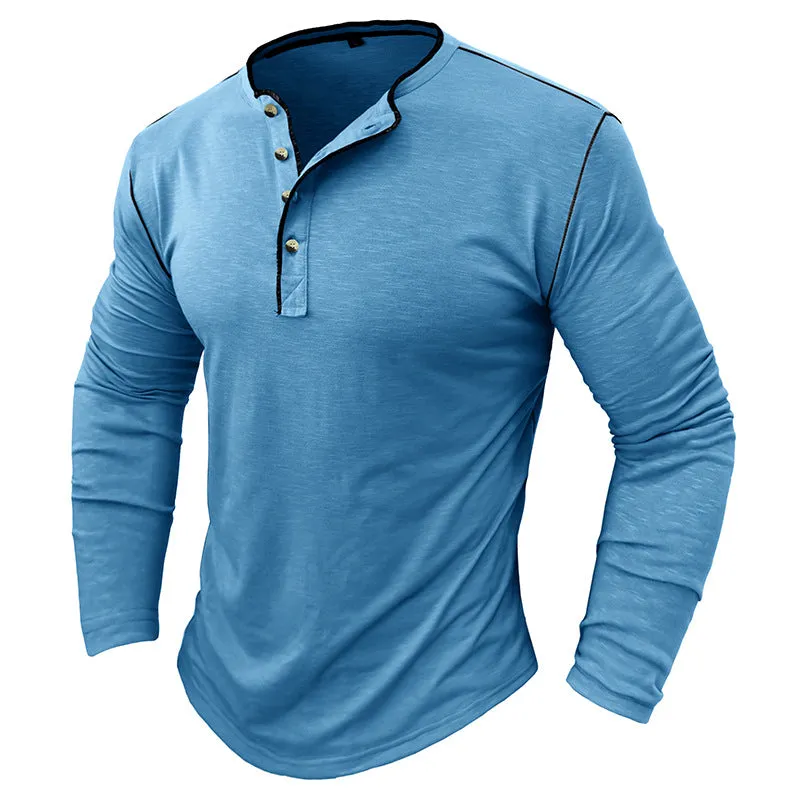SLUB COTTON LONG SLEEVE CONTRAST BUTTON HENLEY SHIRT