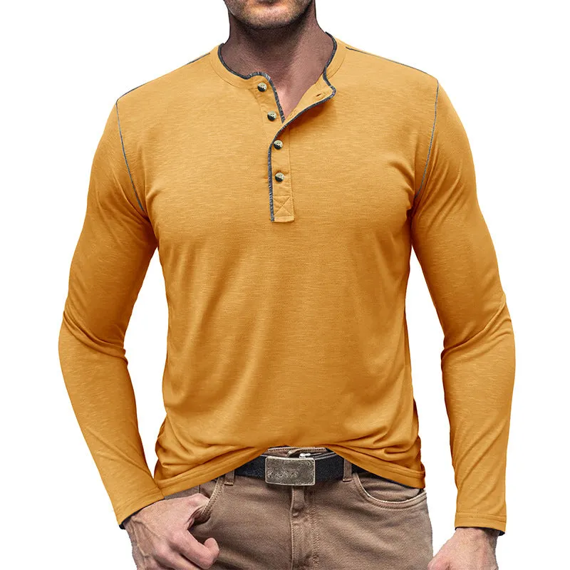 SLUB COTTON LONG SLEEVE CONTRAST BUTTON HENLEY SHIRT