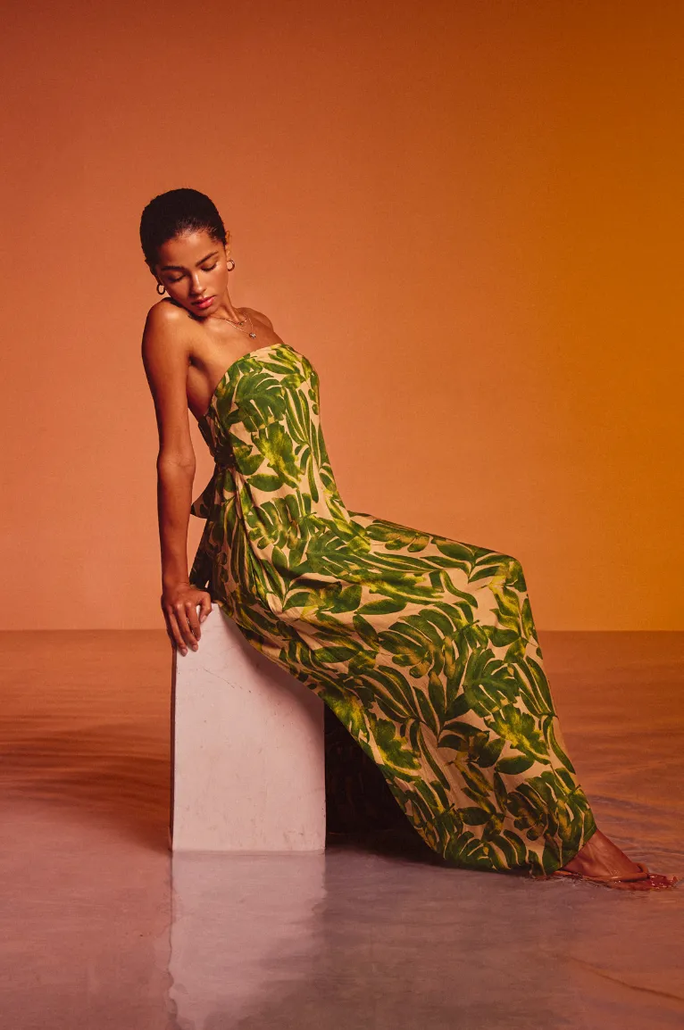 Strapless Palm Print Maxi Dress