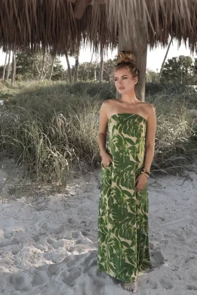 Strapless Palm Print Maxi Dress