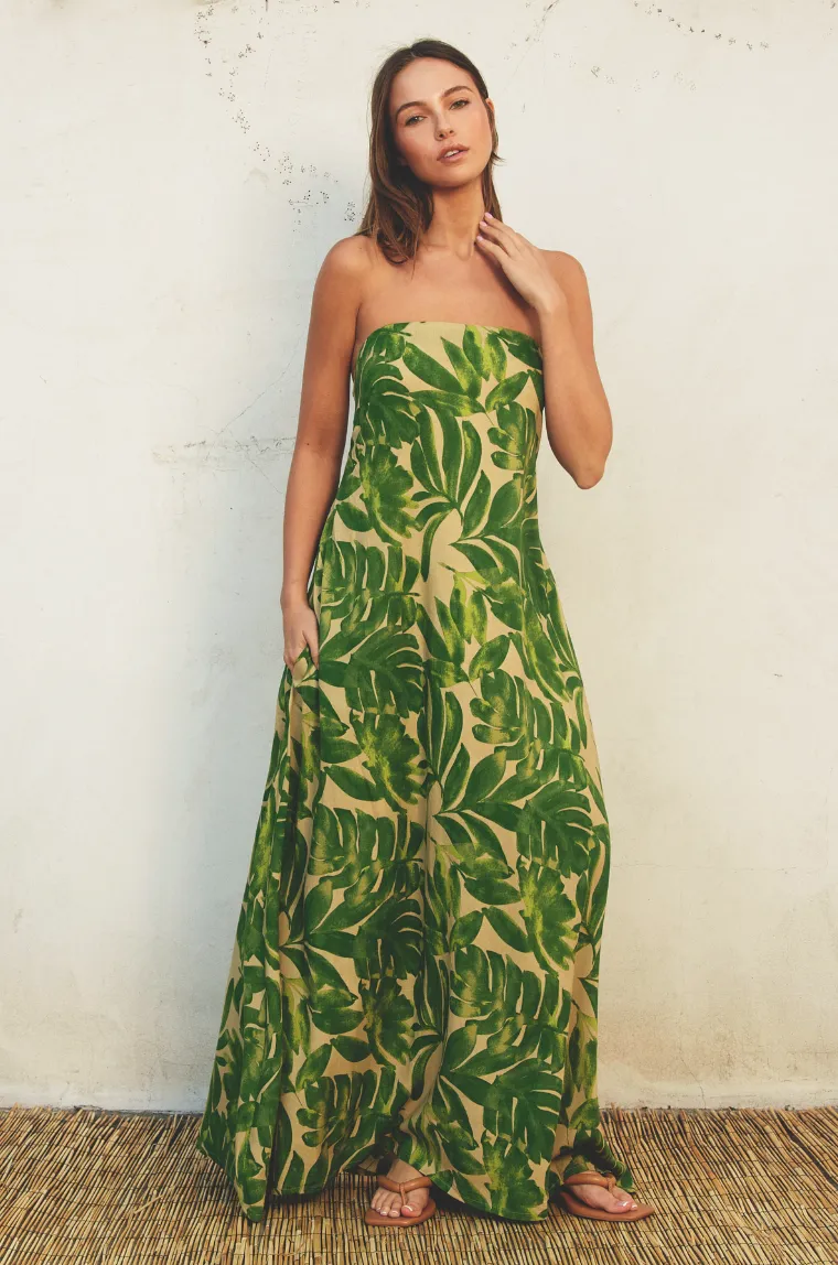 Strapless Palm Print Maxi Dress