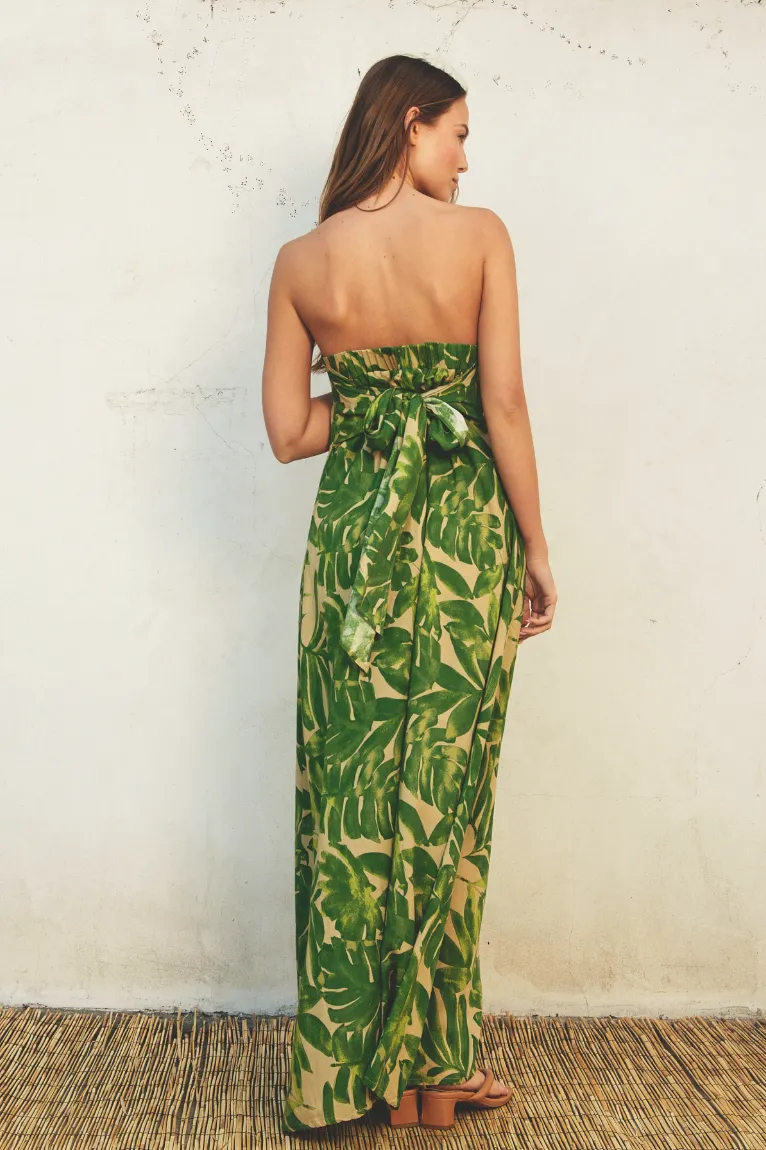 Strapless Palm Print Maxi Dress