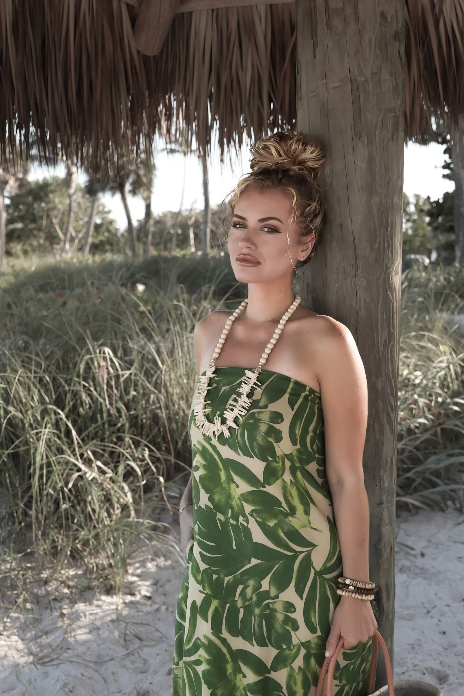 Strapless Palm Print Maxi Dress