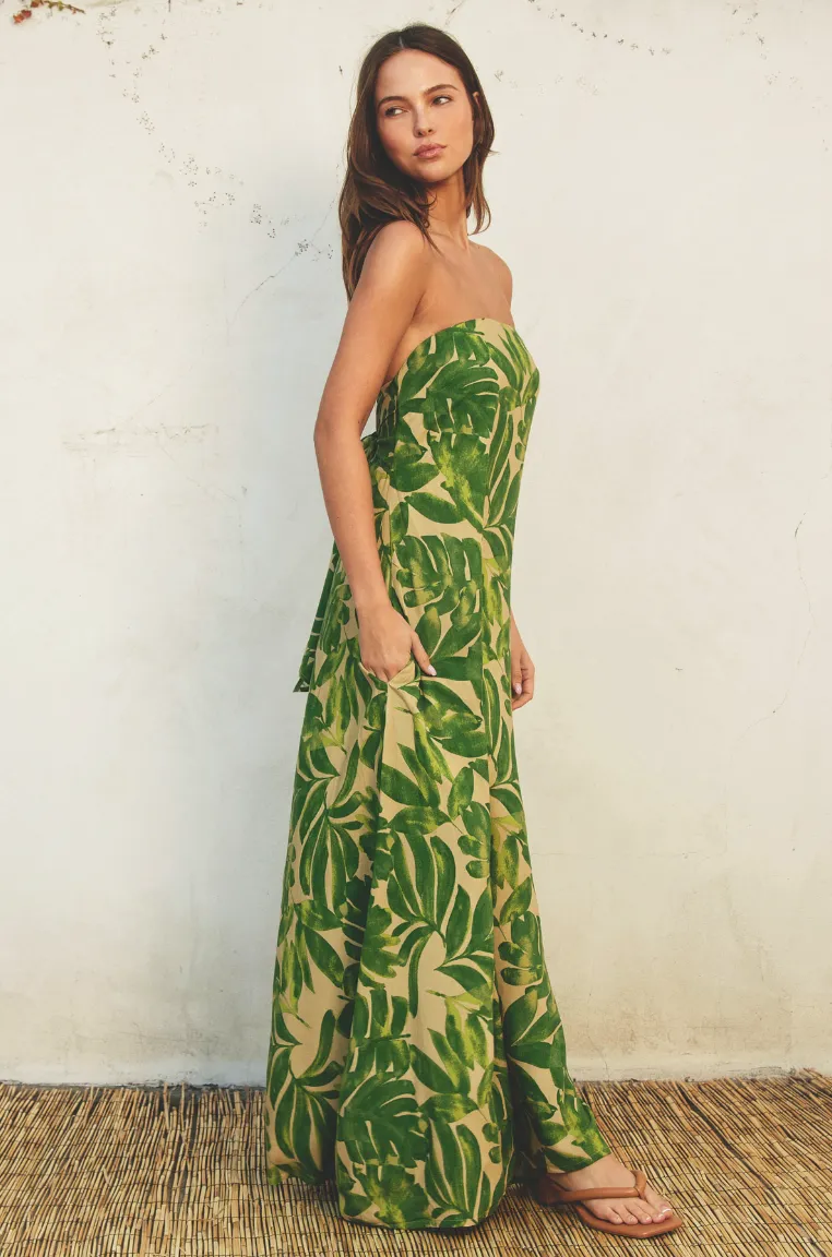 Strapless Palm Print Maxi Dress