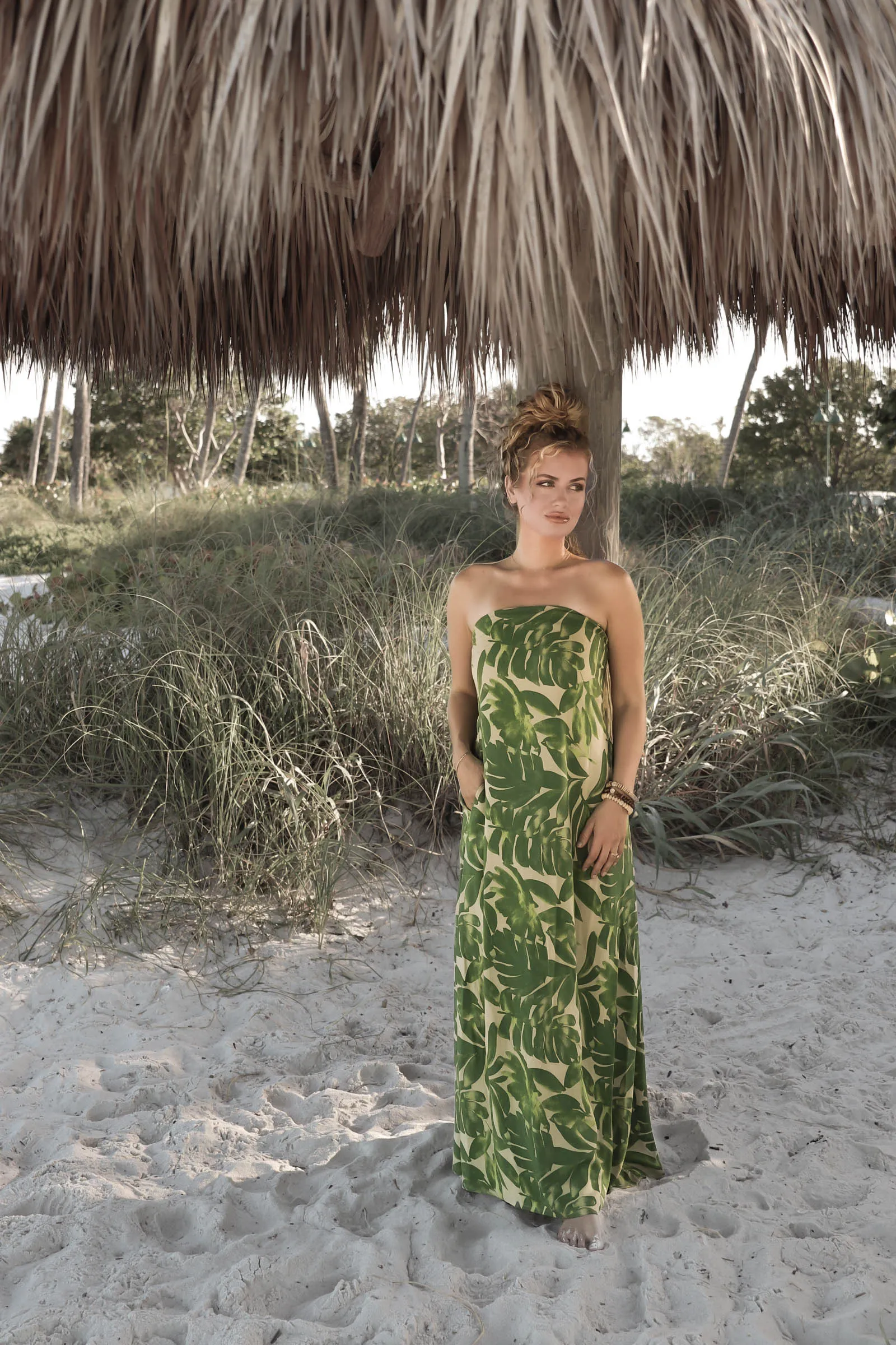 Strapless Palm Print Maxi Dress