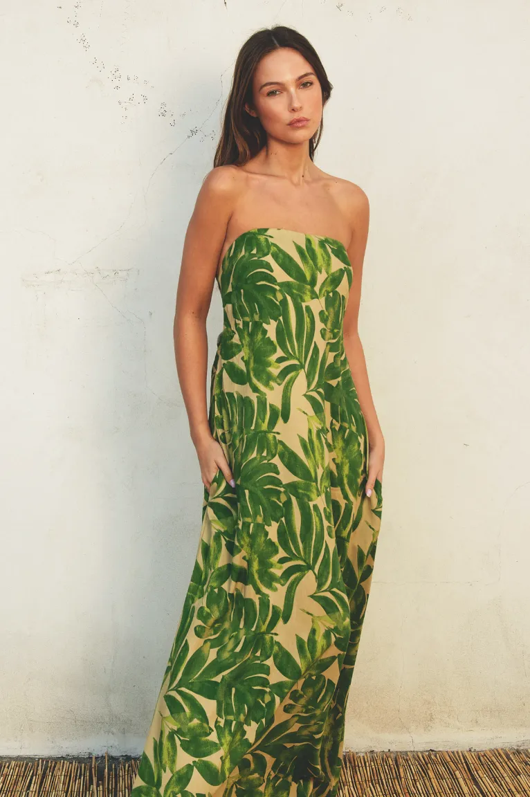 Strapless Palm Print Maxi Dress
