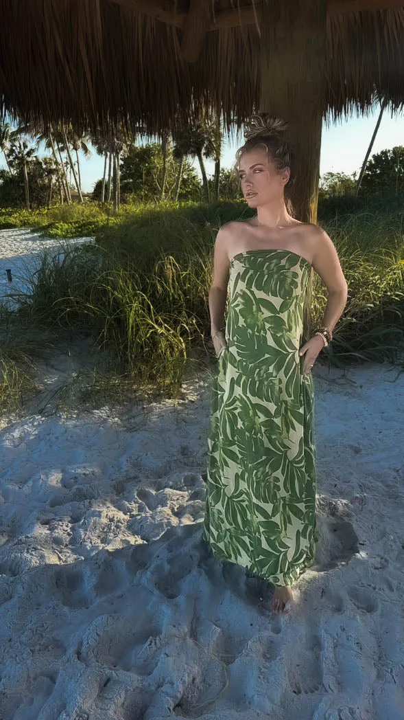 Strapless Palm Print Maxi Dress