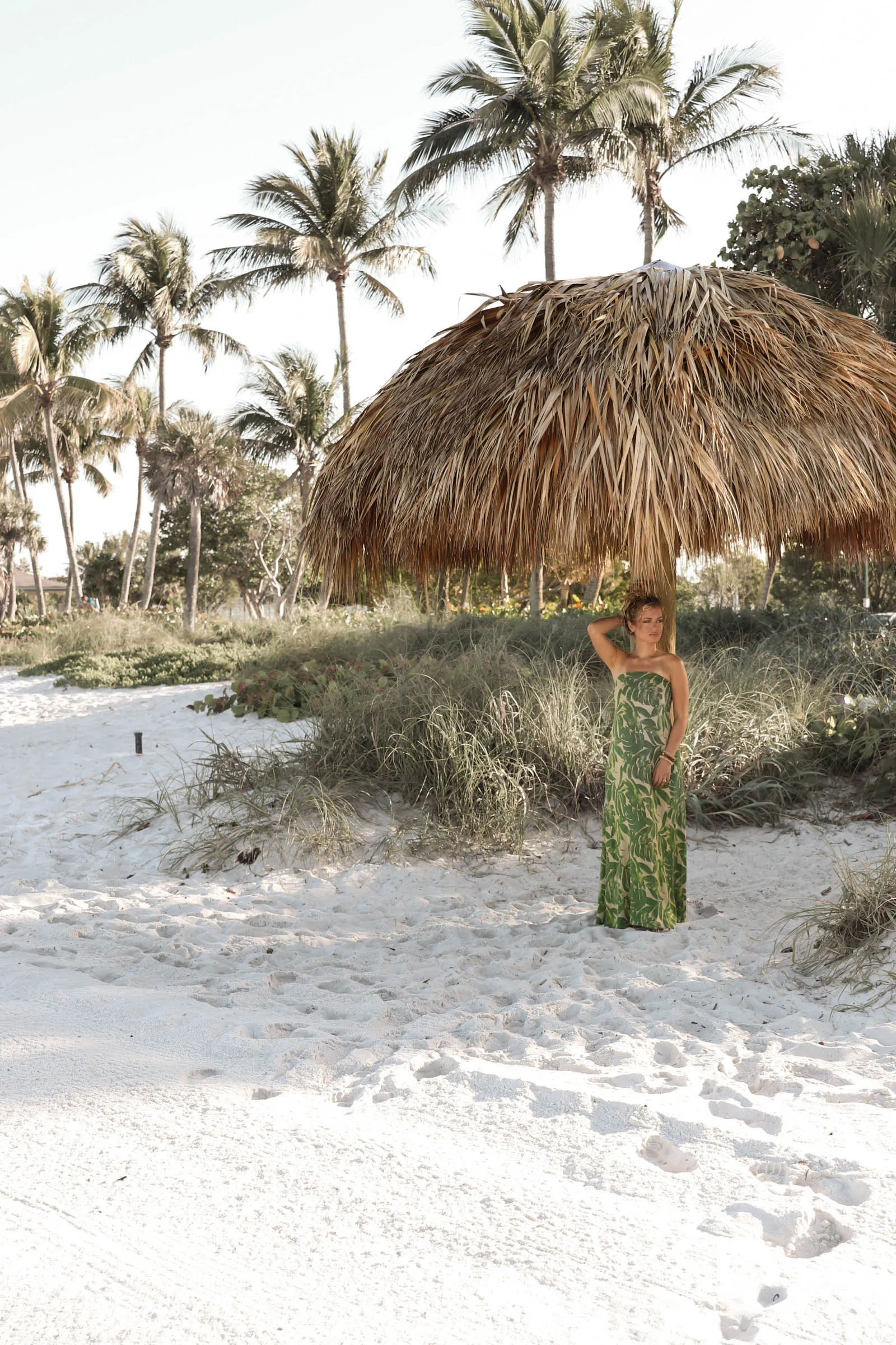 Strapless Palm Print Maxi Dress