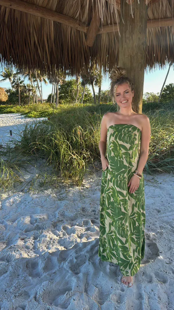 Strapless Palm Print Maxi Dress