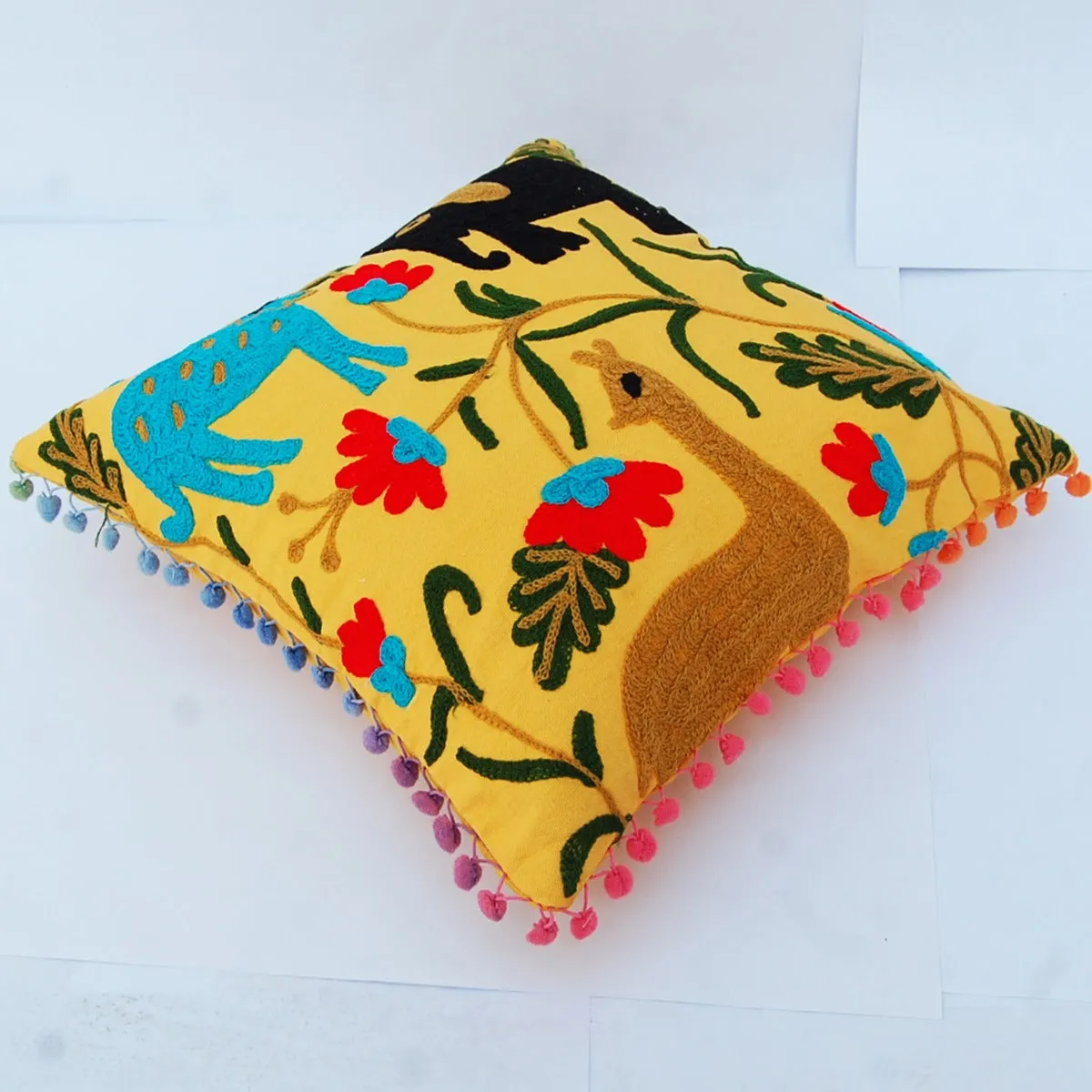 Suzani Embroidery Cushion Cover Pom Pom Pillow Cases