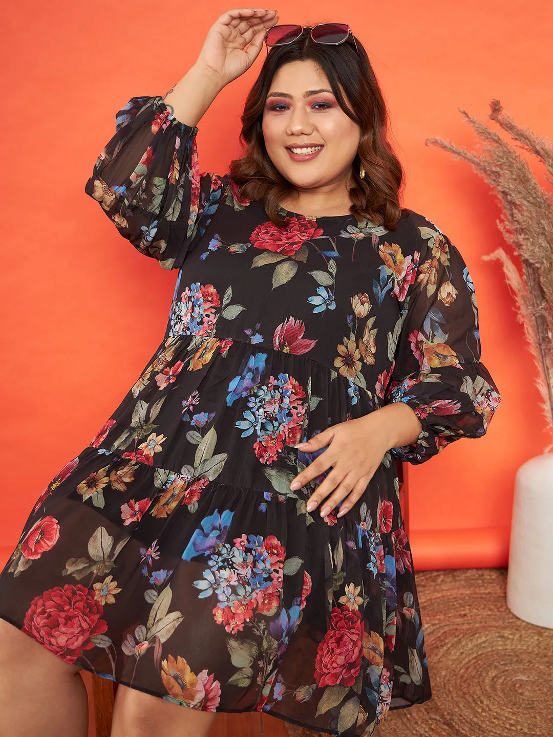 Women Black Floral Raglan Sleeves Tiered Dress