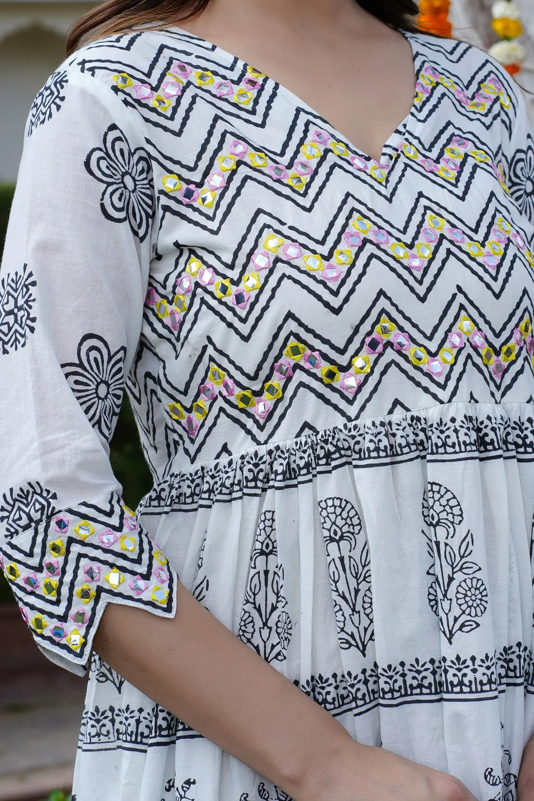 Women Floral Block Printed Mirror Work Maxi Cotton Ethnic Dress