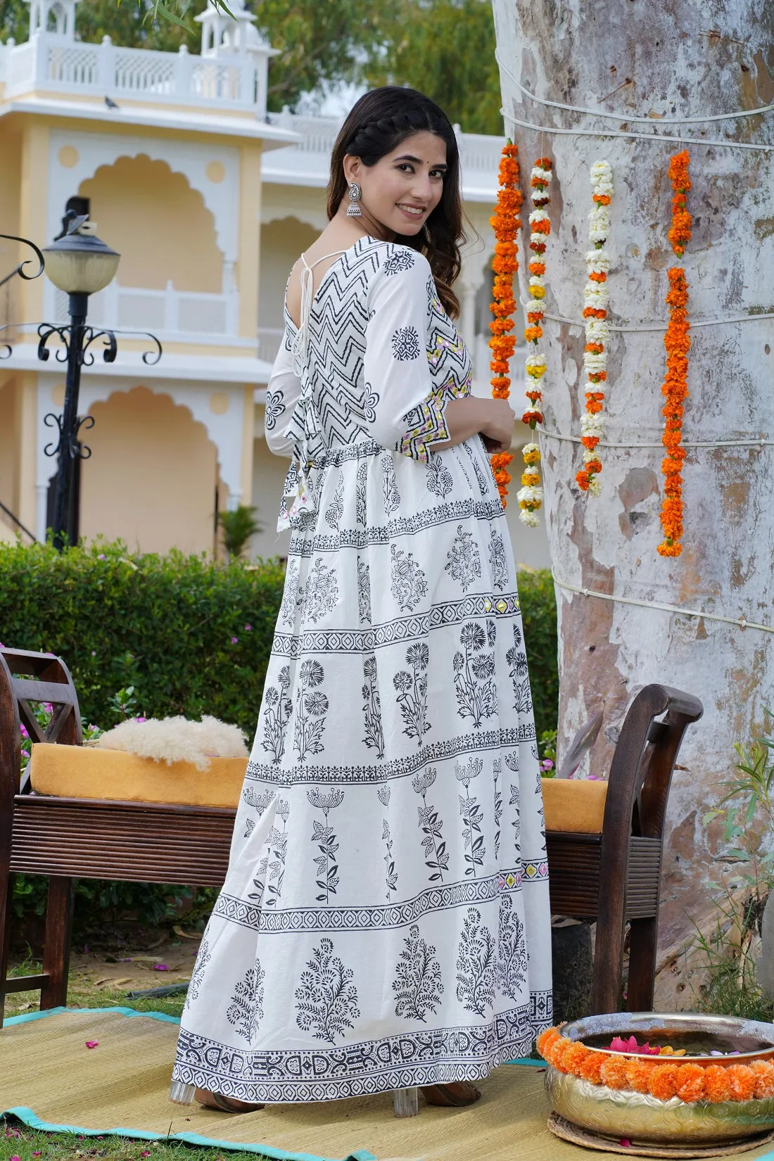 Women Floral Block Printed Mirror Work Maxi Cotton Ethnic Dress