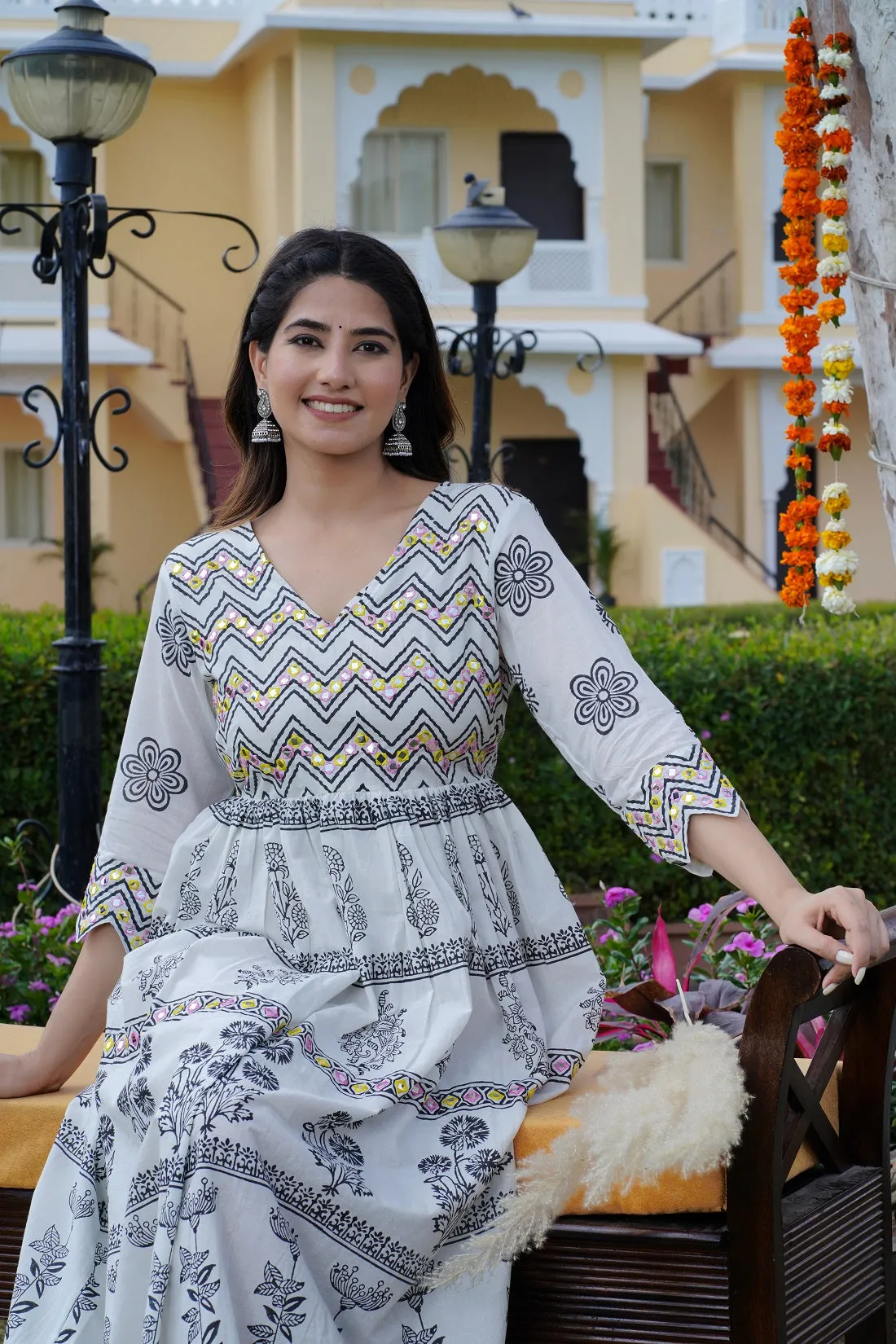 Women Floral Block Printed Mirror Work Maxi Cotton Ethnic Dress