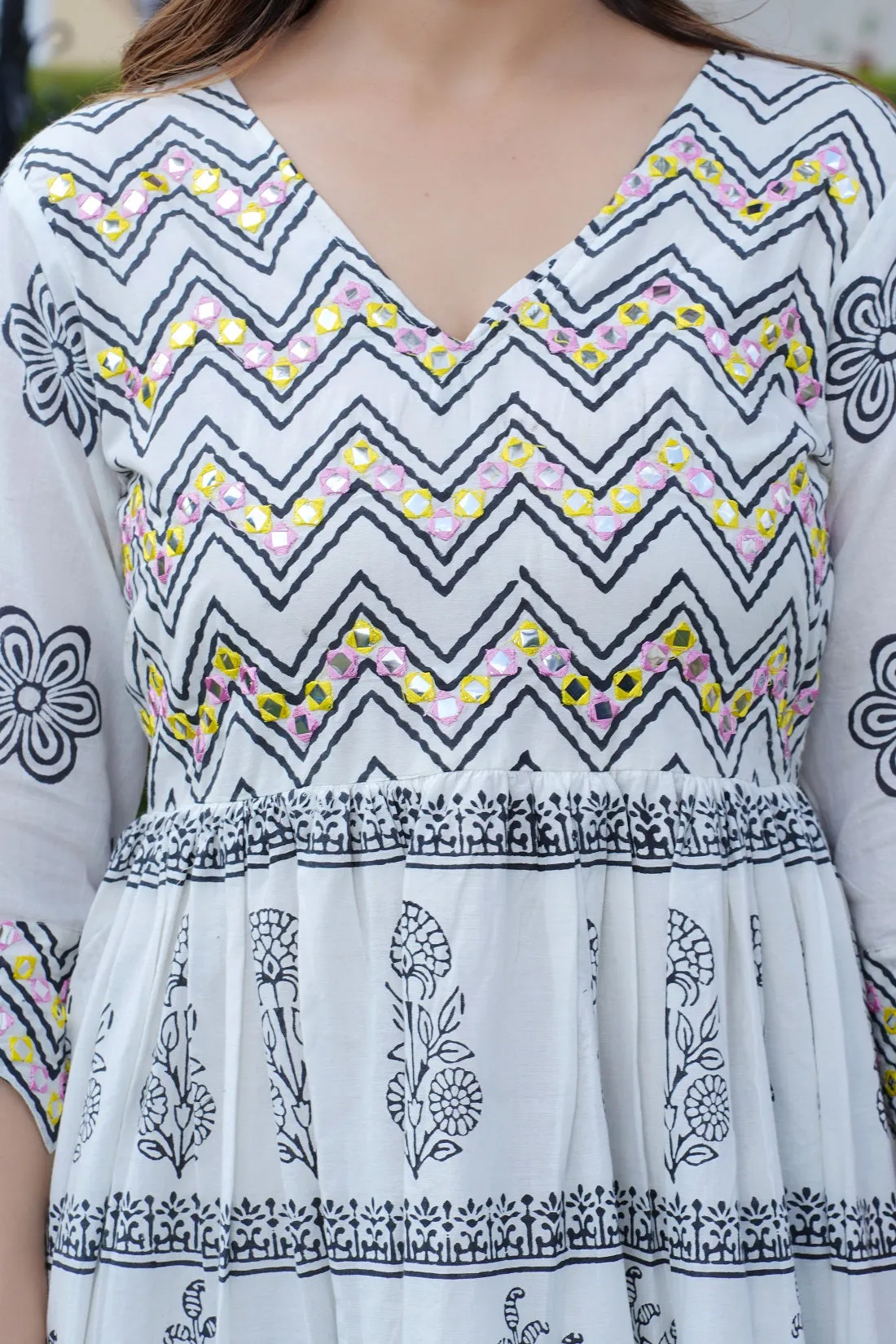 Women Floral Block Printed Mirror Work Maxi Cotton Ethnic Dress