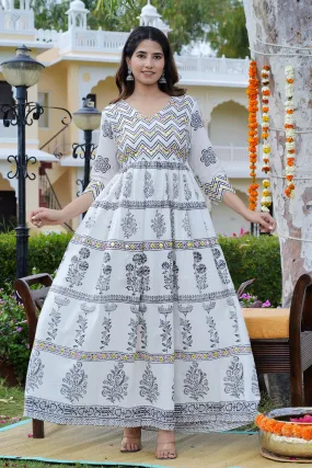 Women Floral Block Printed Mirror Work Maxi Cotton Ethnic Dress